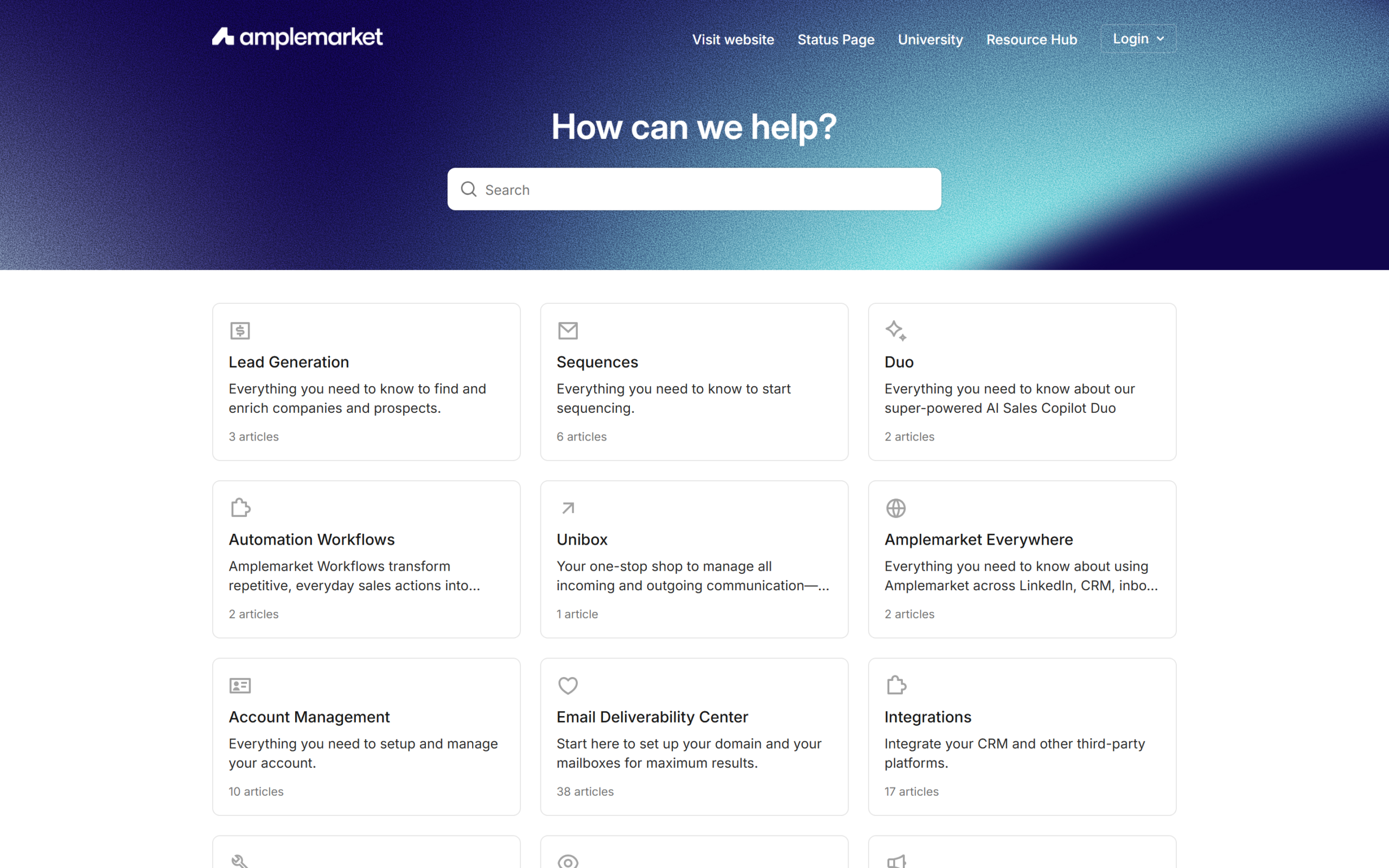 Amplemarket knowledge base home with sections for lead generation, sequences, Duo, workflows and Unibox