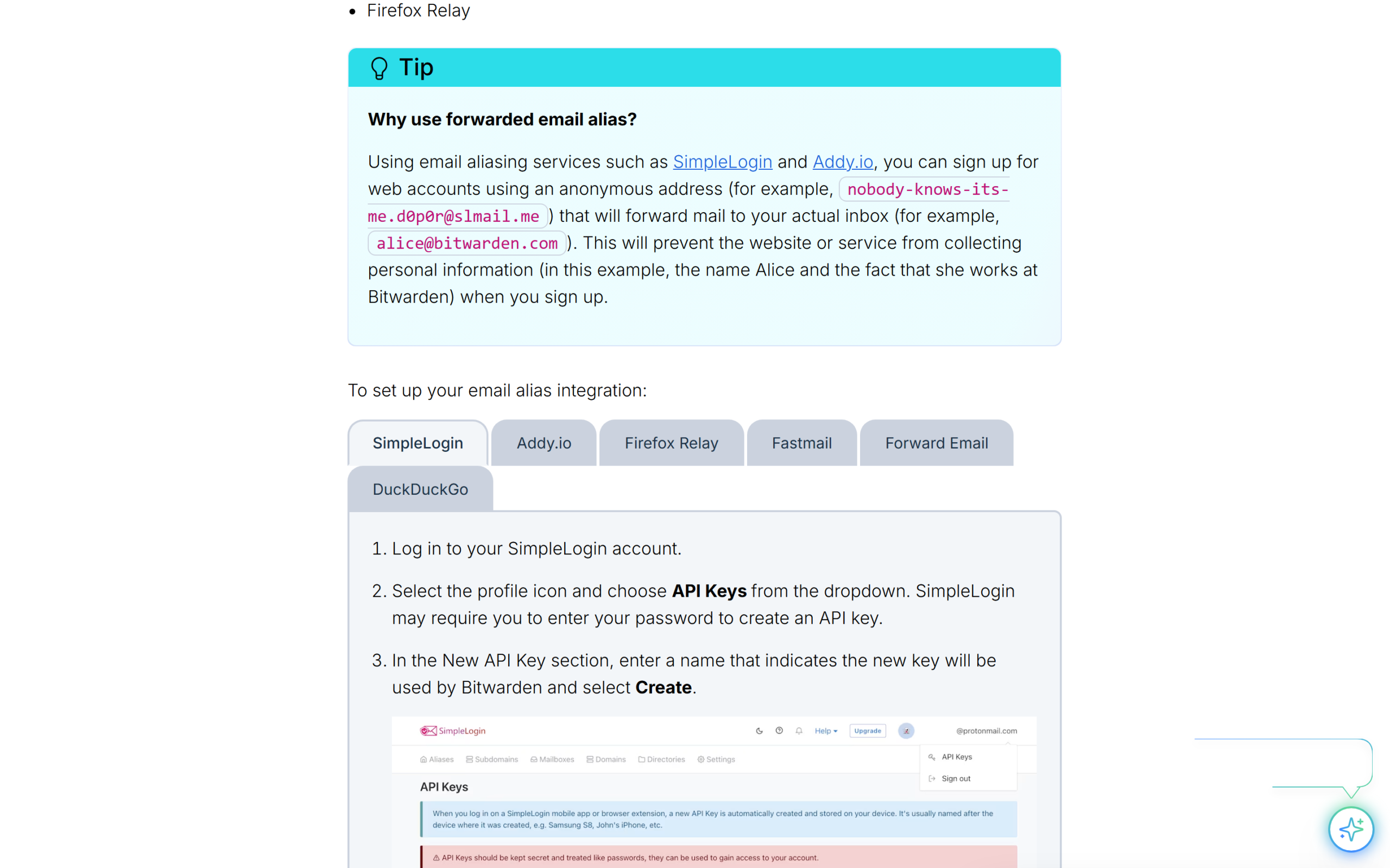 Bitwarden help article on the username generator and forwarded email alias services