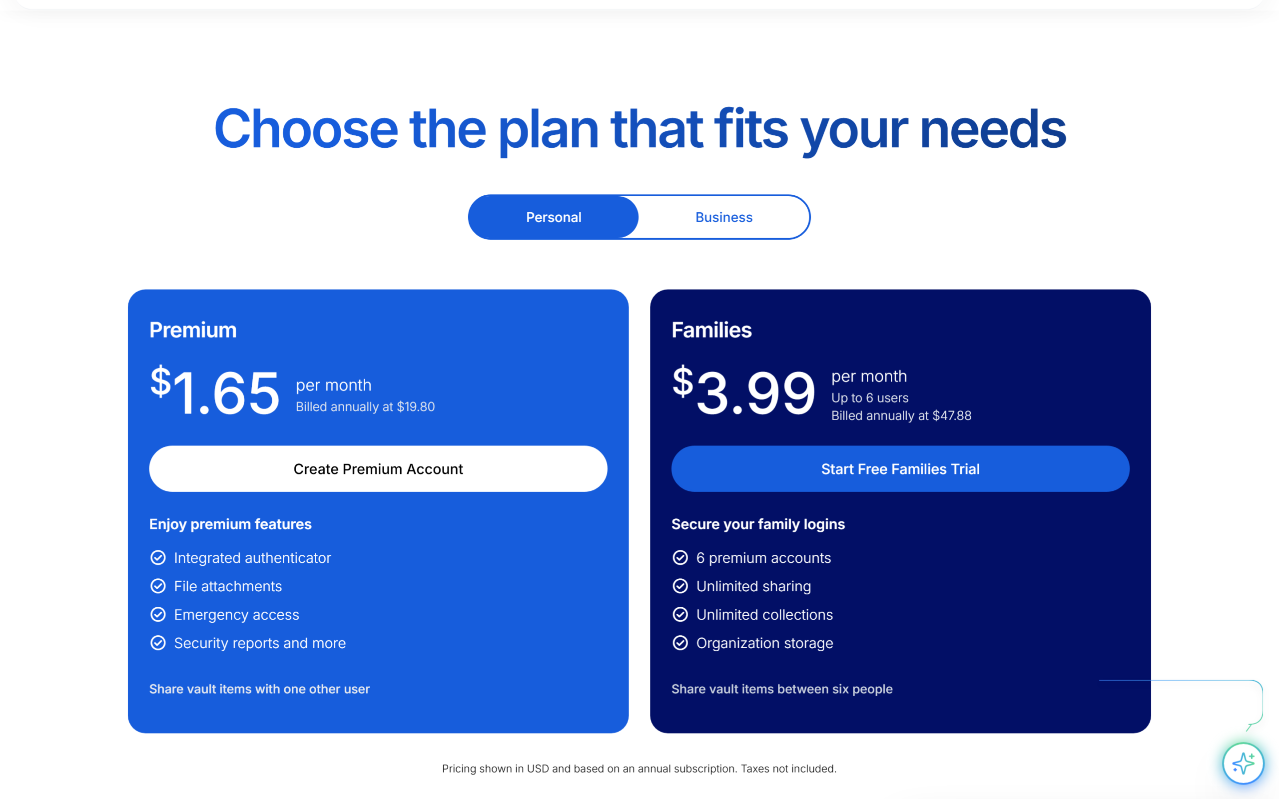 Bitwarden pricing page showing the Premium and Families plans billed annually