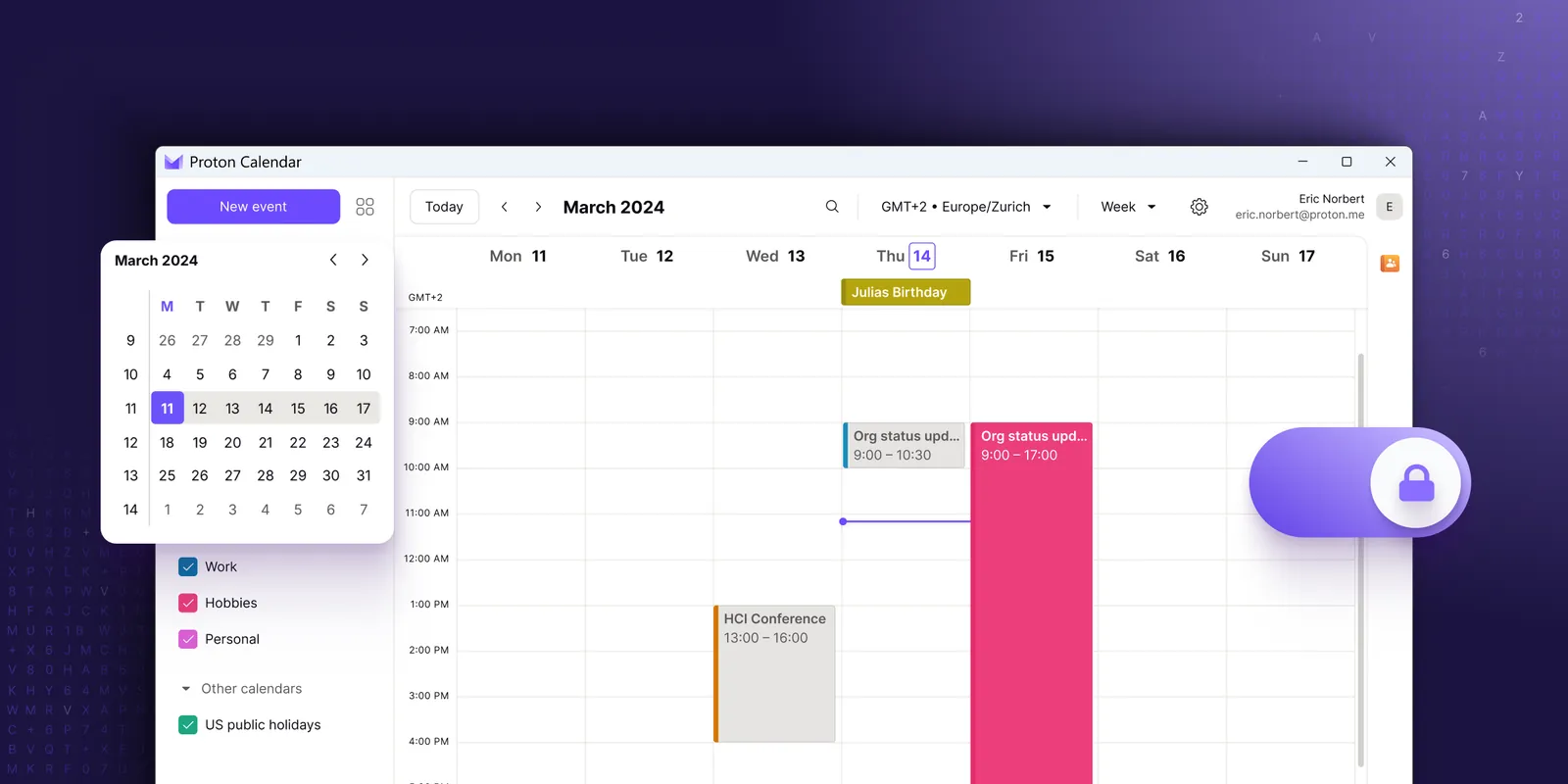 Proton Calendar desktop app for Windows in week view with coloured events