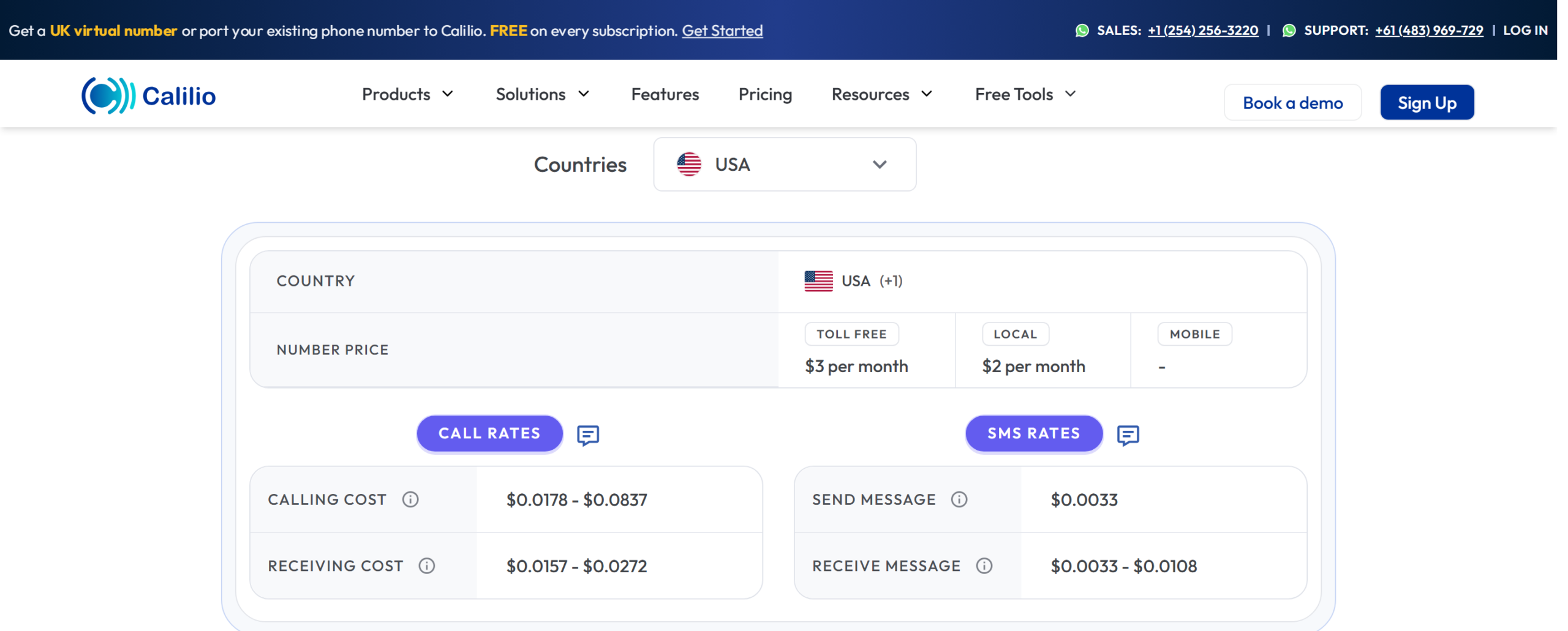 Calilio pay as you go call and SMS rates showing per minute pricing by country