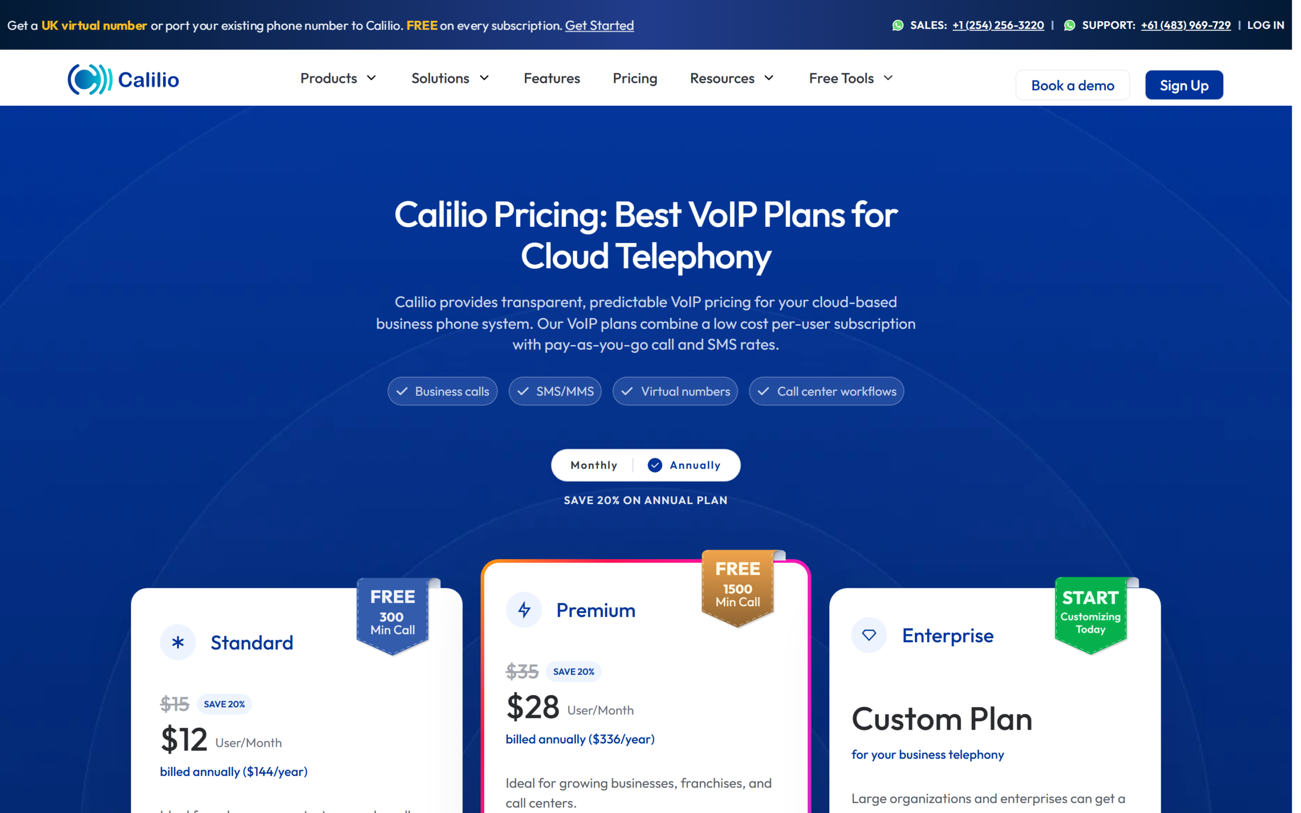 Calilio pricing page showing Standard, Premium and Enterprise plans with exact overage rates
