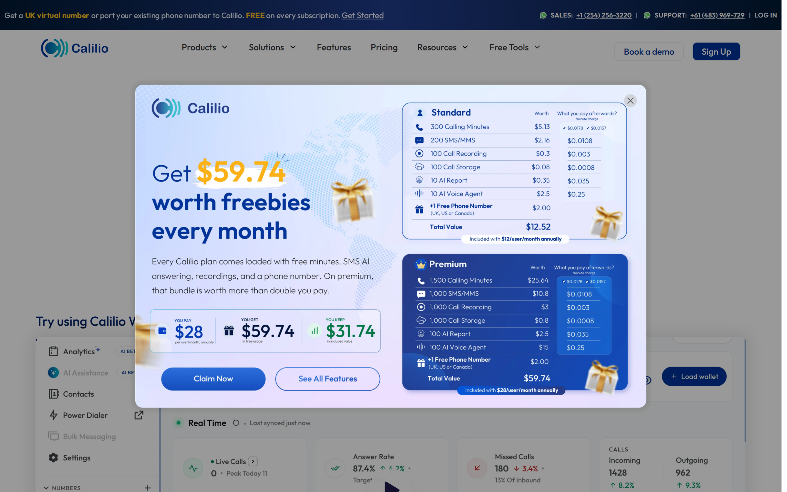 Calilio review of the homepage showing the AI powered cloud phone system for businesses
