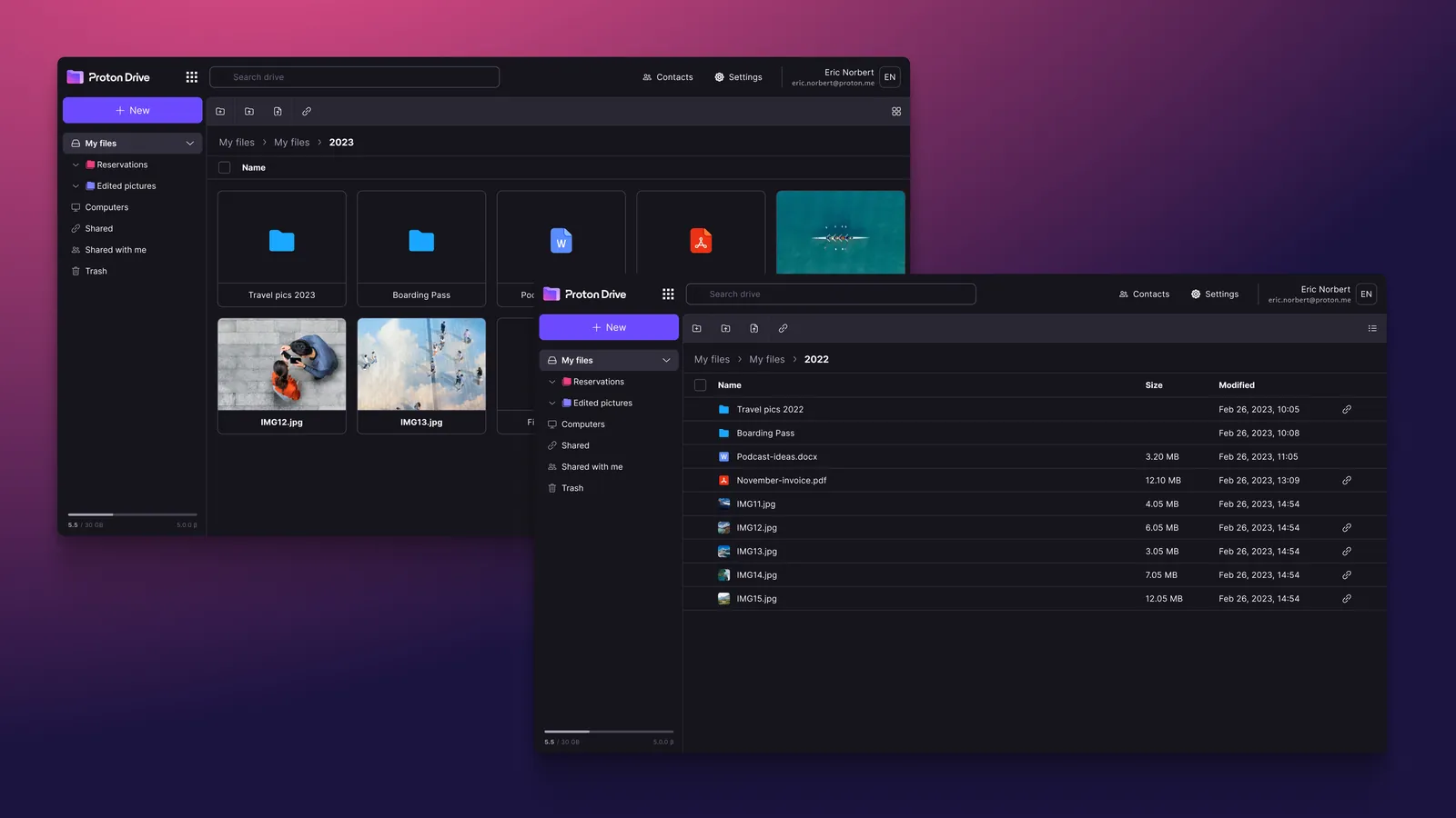 Two dark mode Proton Drive web windows showing files in grid and list view