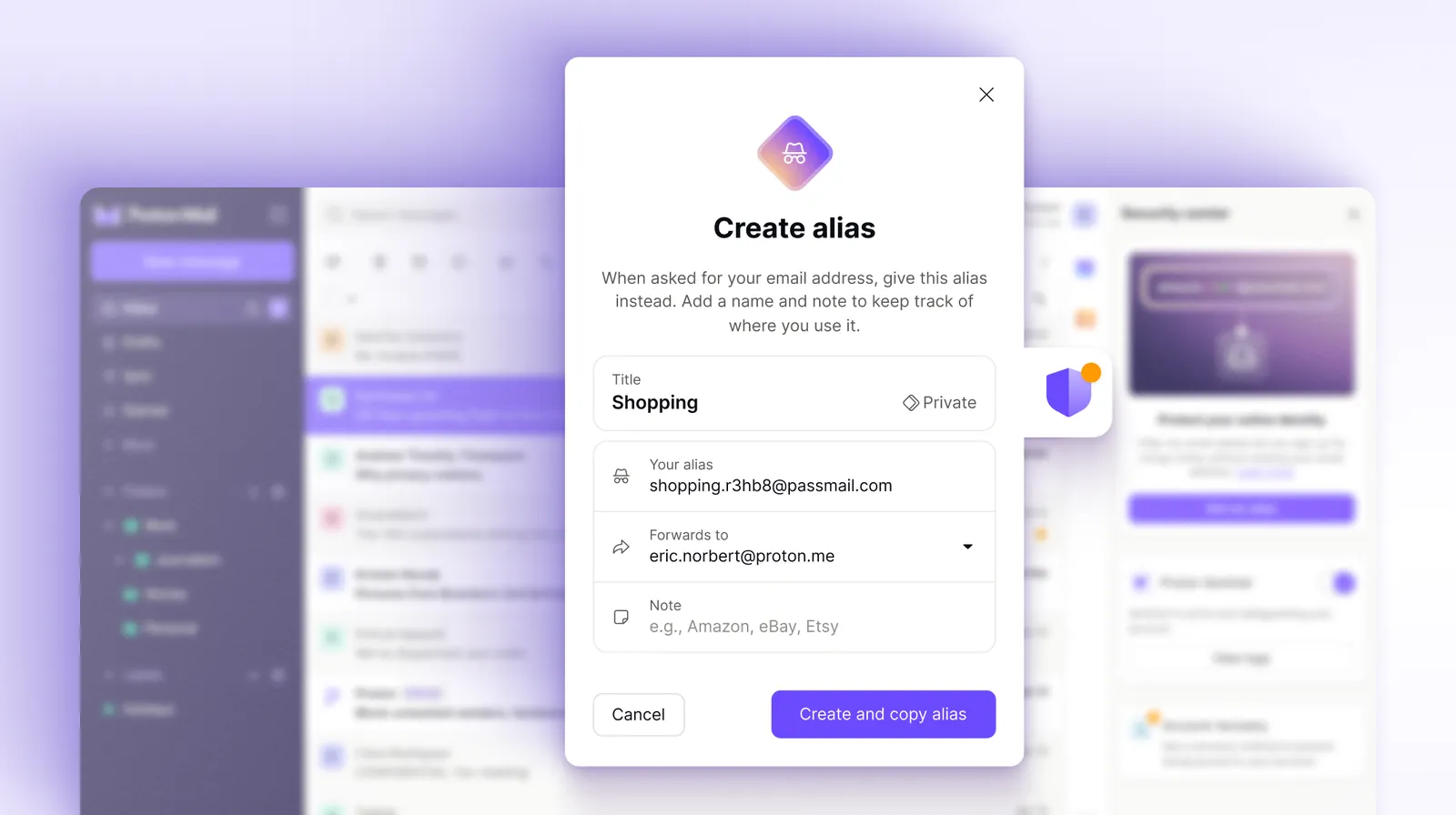 Proton Mail Create alias dialog for a hide-my-email address used for shopping sign-ups