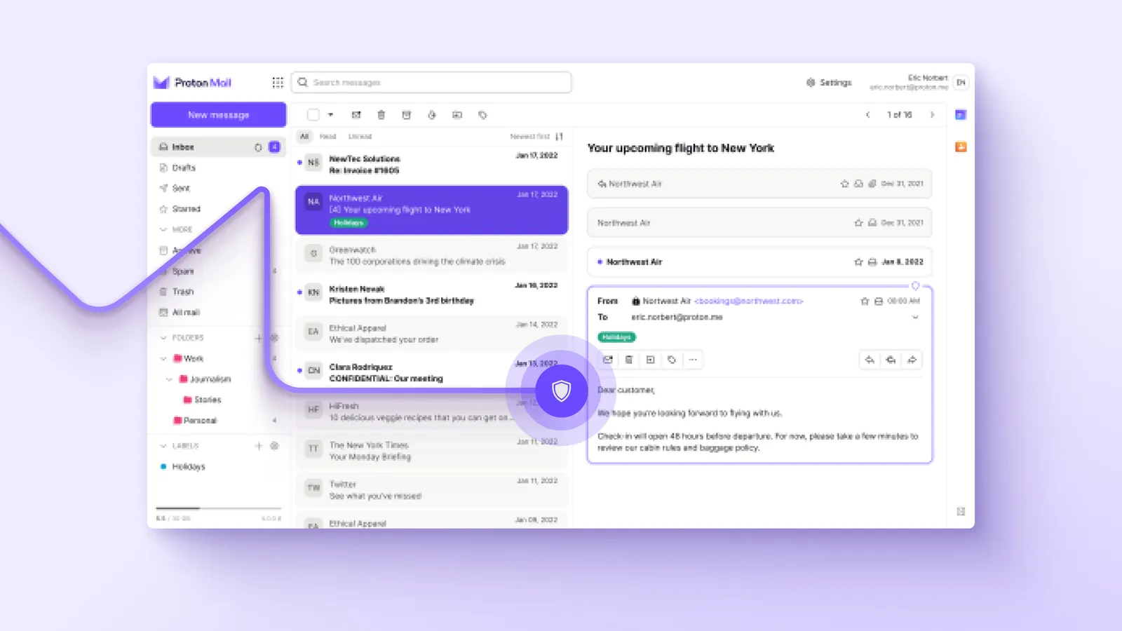 Switch from Gmail to Proton Mail: the light Proton Mail web inbox with an open flight reservation email