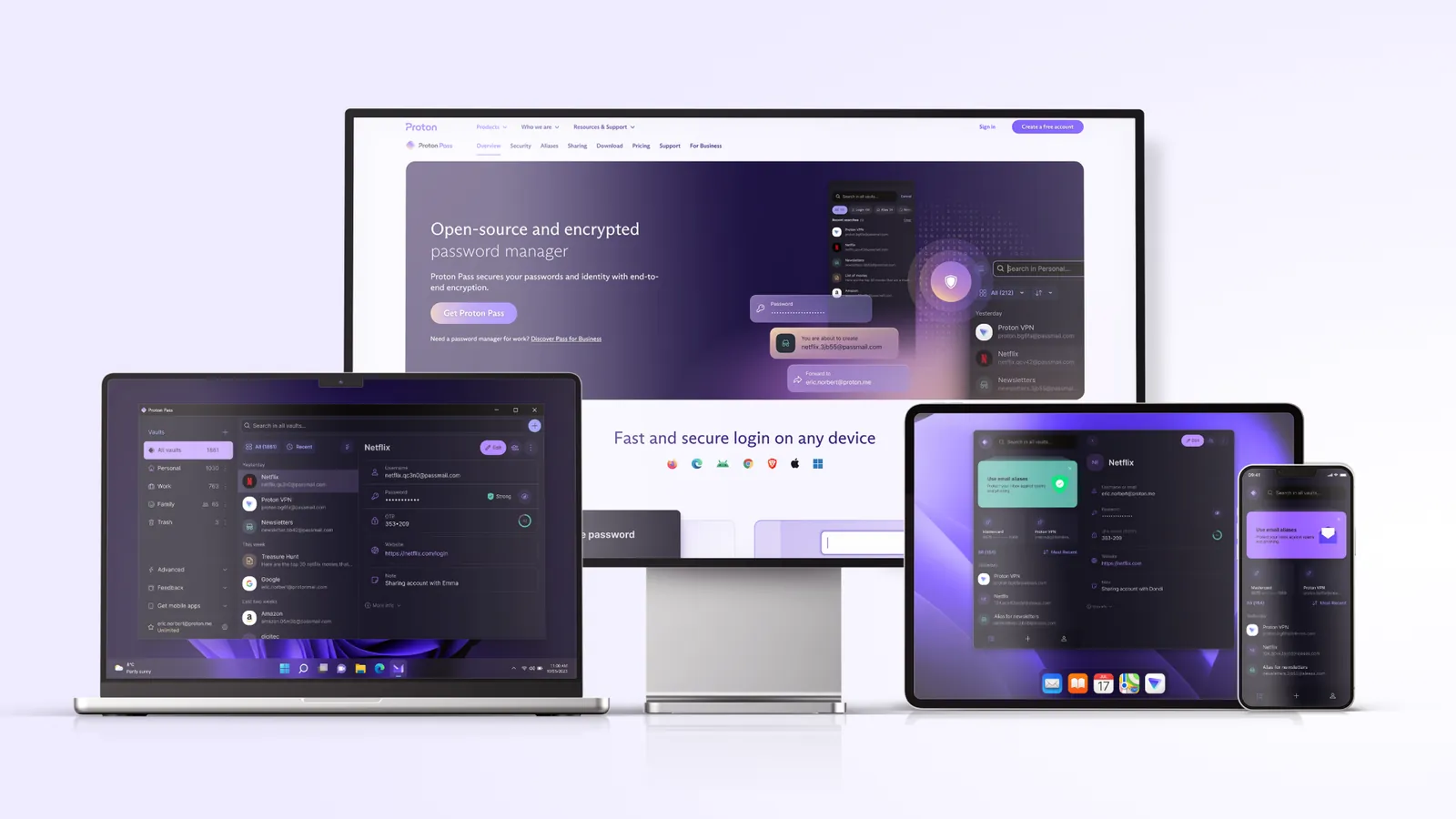 LastPass alternatives: Proton Pass open on a laptop, desktop monitor, tablet and phone