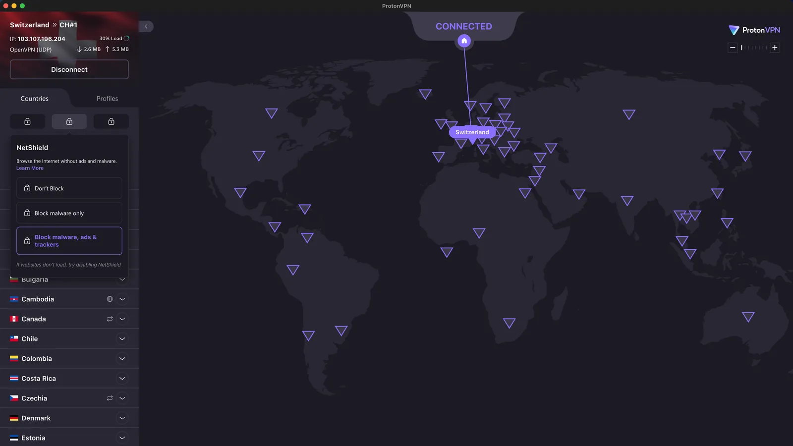 Proton VPN Black Friday: the Proton VPN desktop app connected to Switzerland with the world map and NetShield options