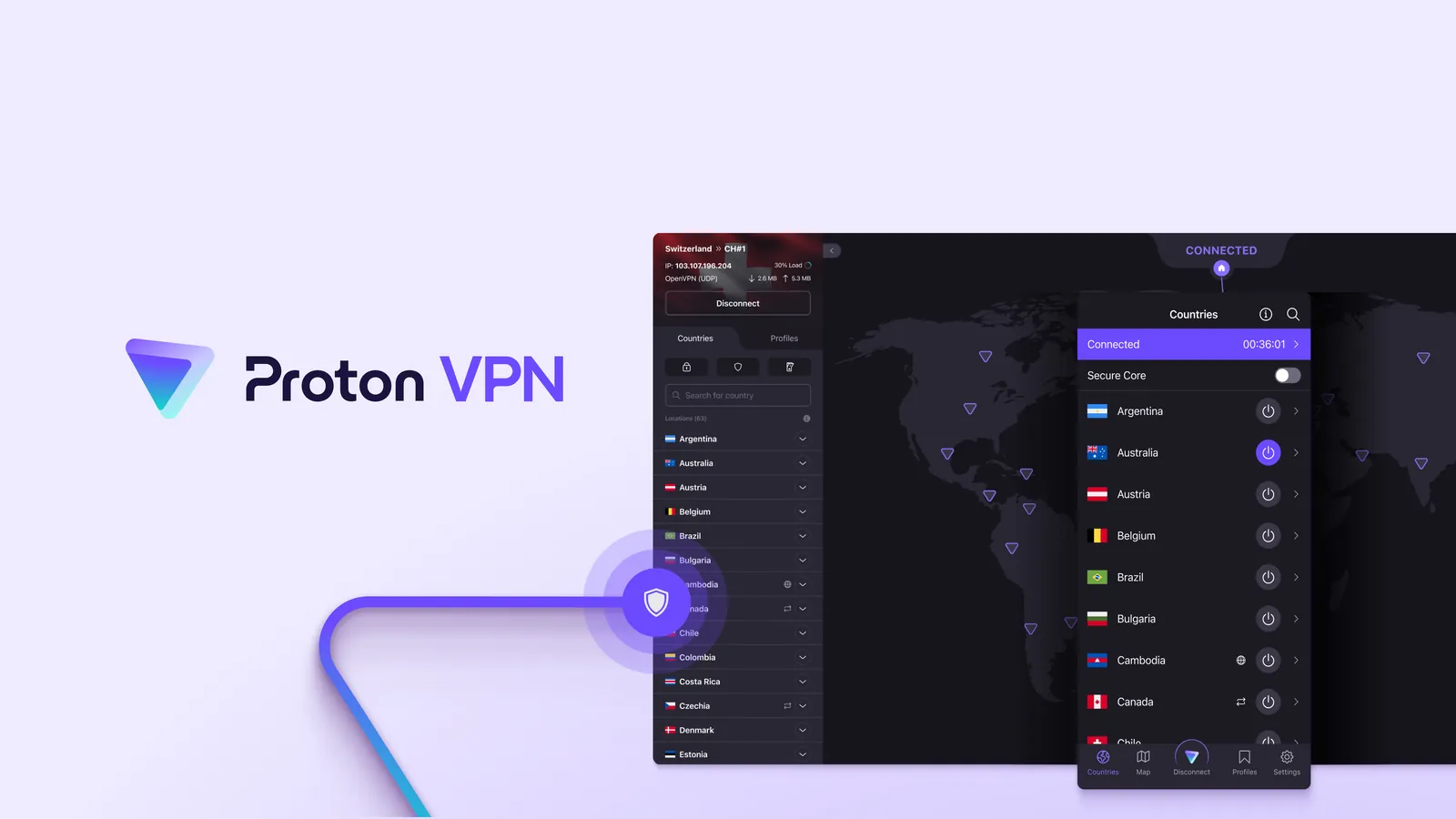 Proton VPN desktop and mobile apps on a light background with the Proton VPN logo