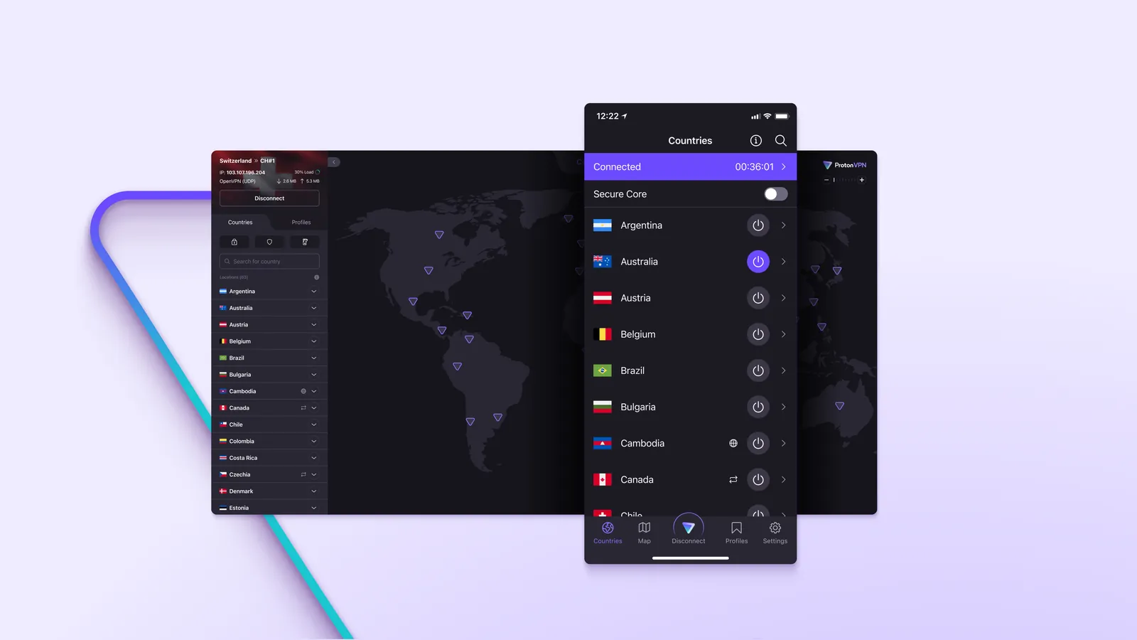 best open source vpn pick Proton VPN, shown in its desktop and mobile apps on a light background