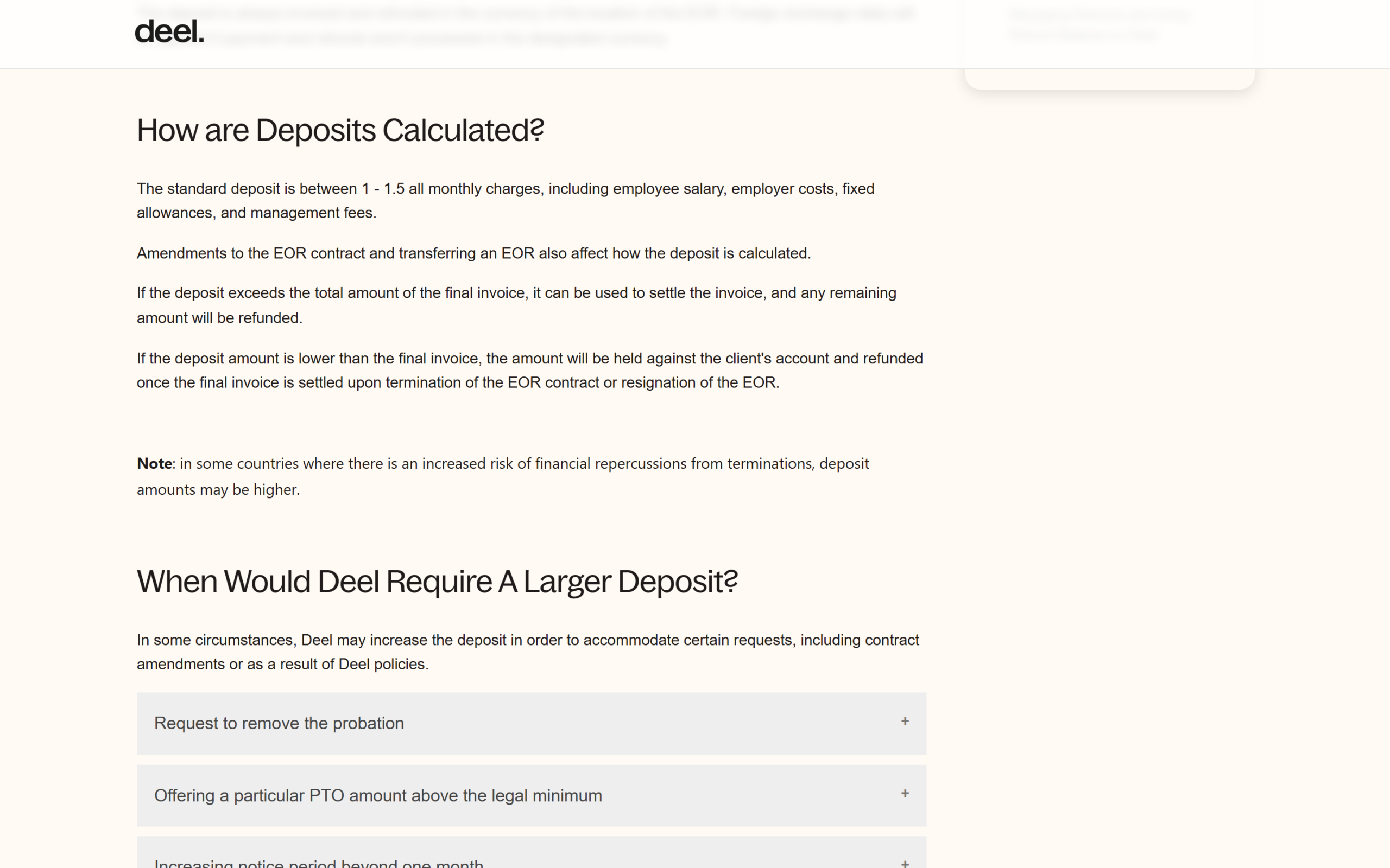 Deel help centre article explaining that the standard EOR deposit is 1 to 1.5 times all monthly charges