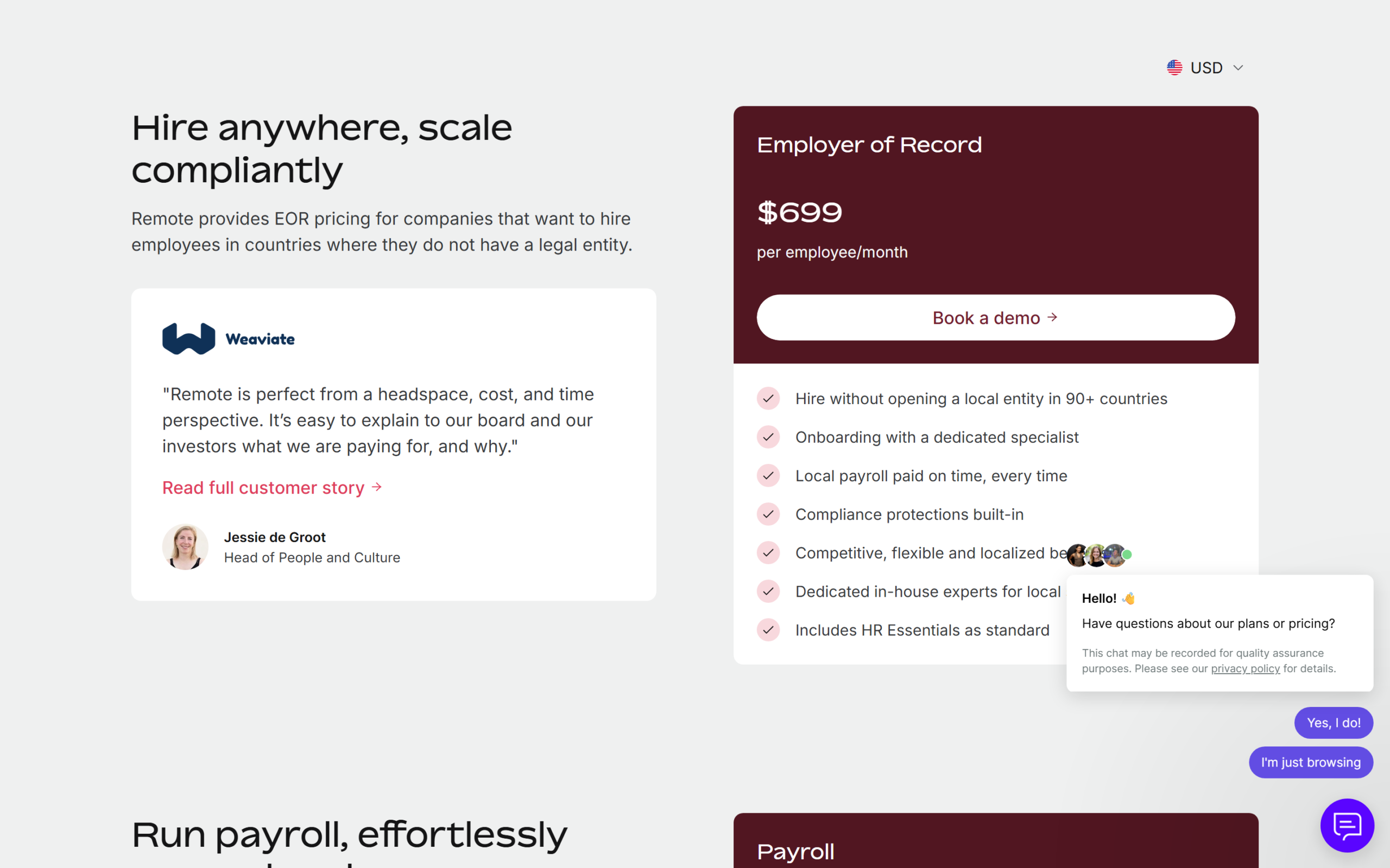 Deel vs Remote: Remote's pricing page showing Employer of Record at $699 per employee a month