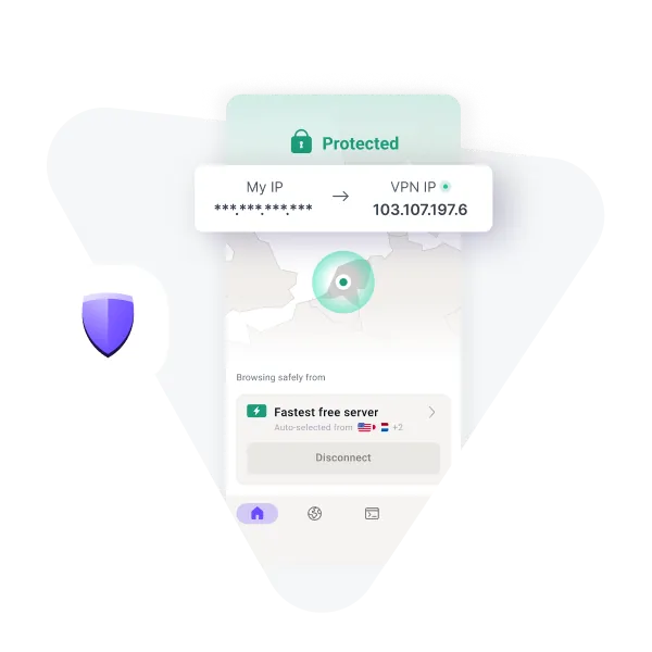 Proton VPN free vs plus: the free plan mobile screen connected to the fastest free server, with My IP and VPN IP compared