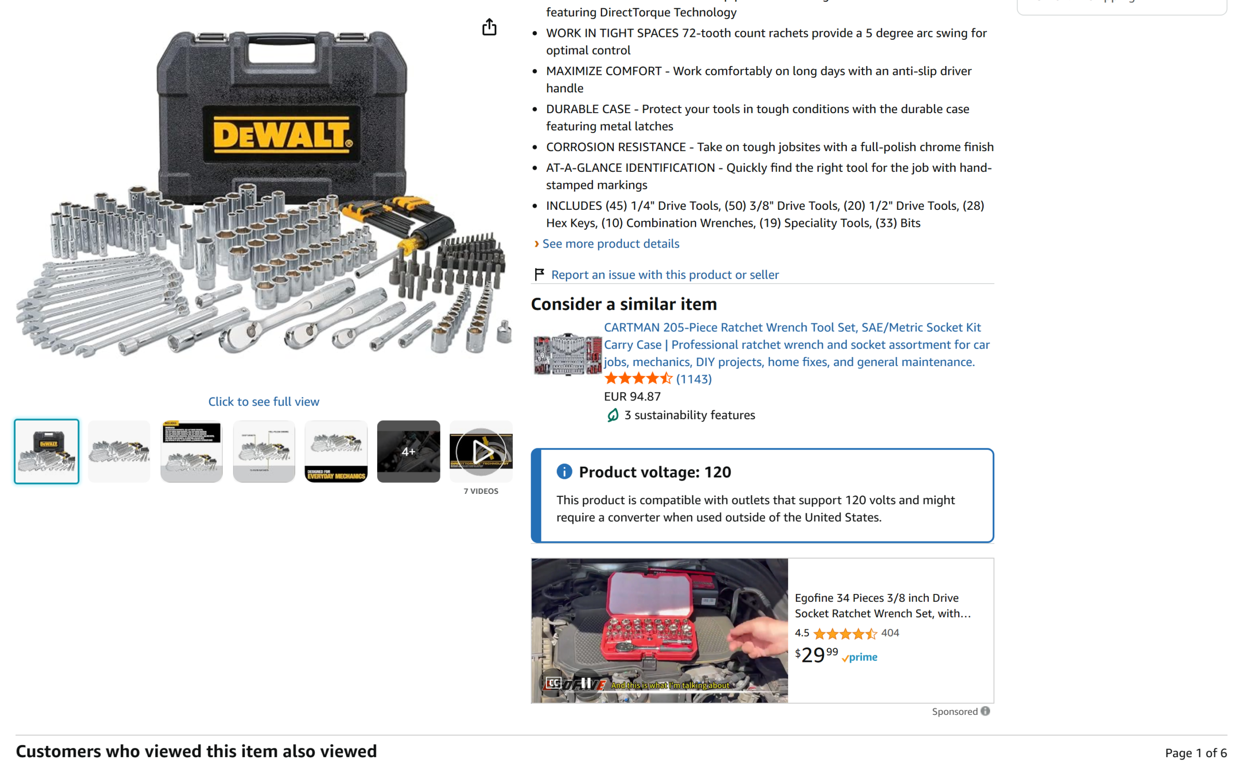 DEWALT mechanics tool set Amazon listing used as the main rival comparison