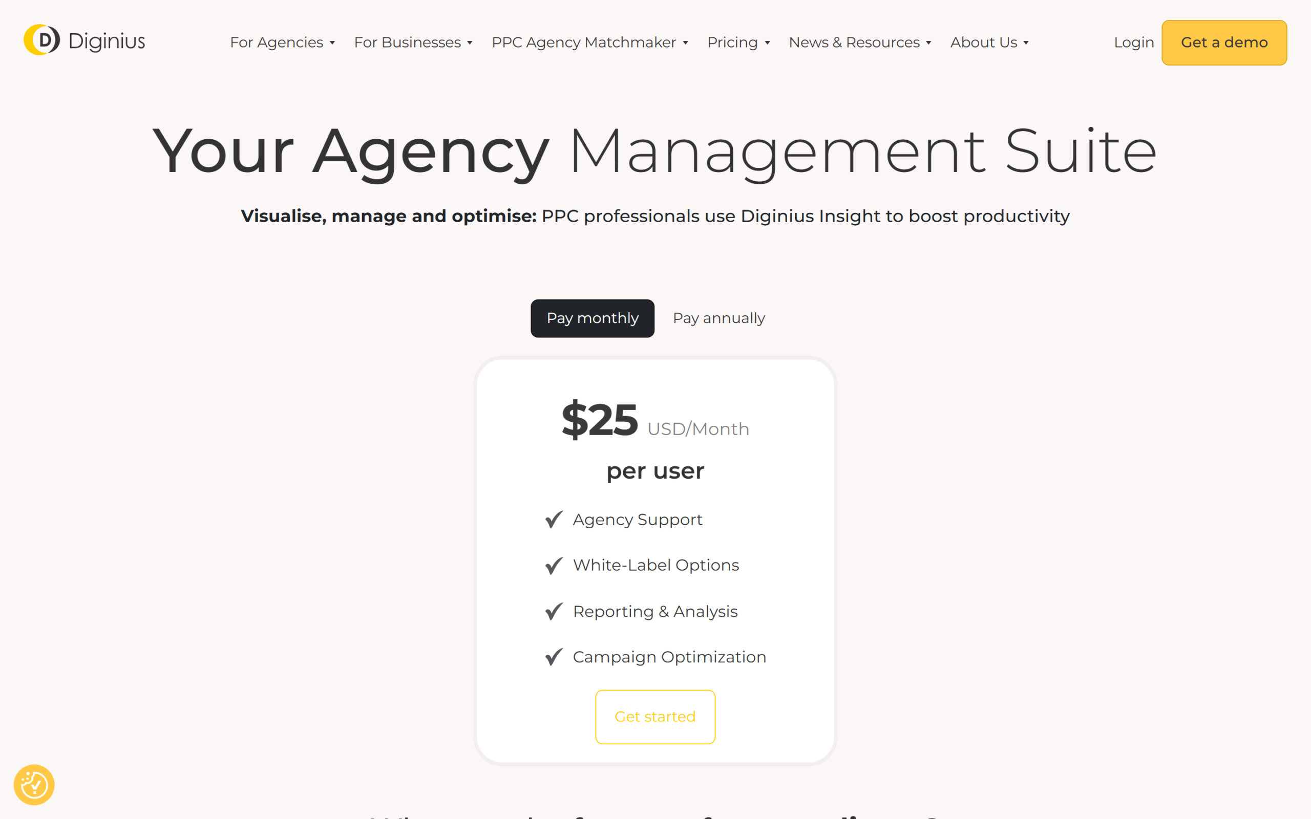 Diginius agency pricing page showing the per user rate and white label features