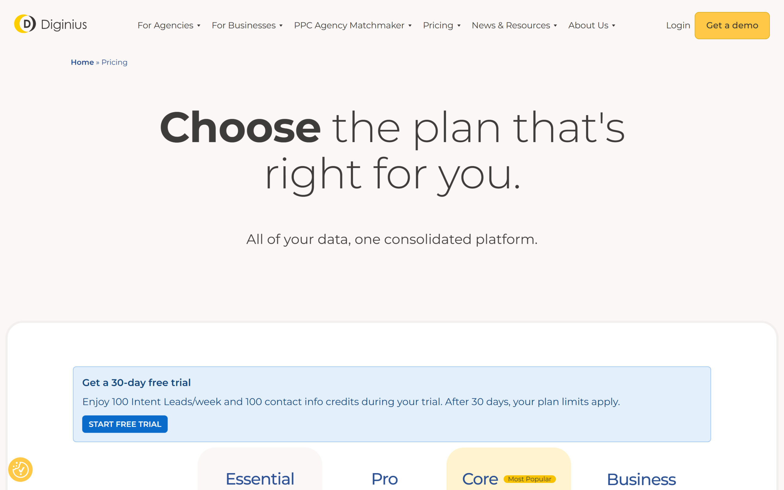 Diginius pricing page showing Essential, Pro, Core and Business plans for companies