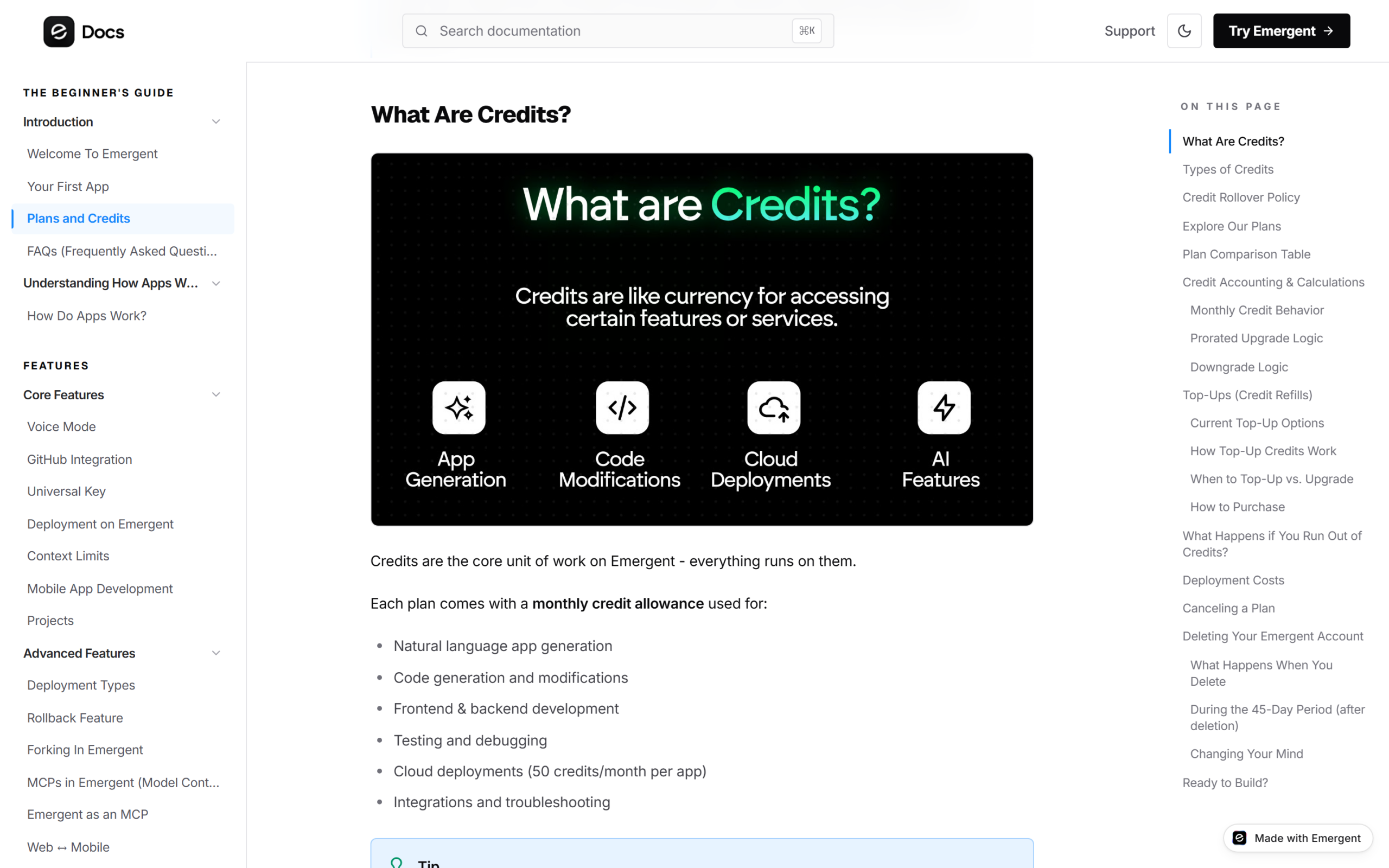 Emergent documentation showing how credits and deployments work