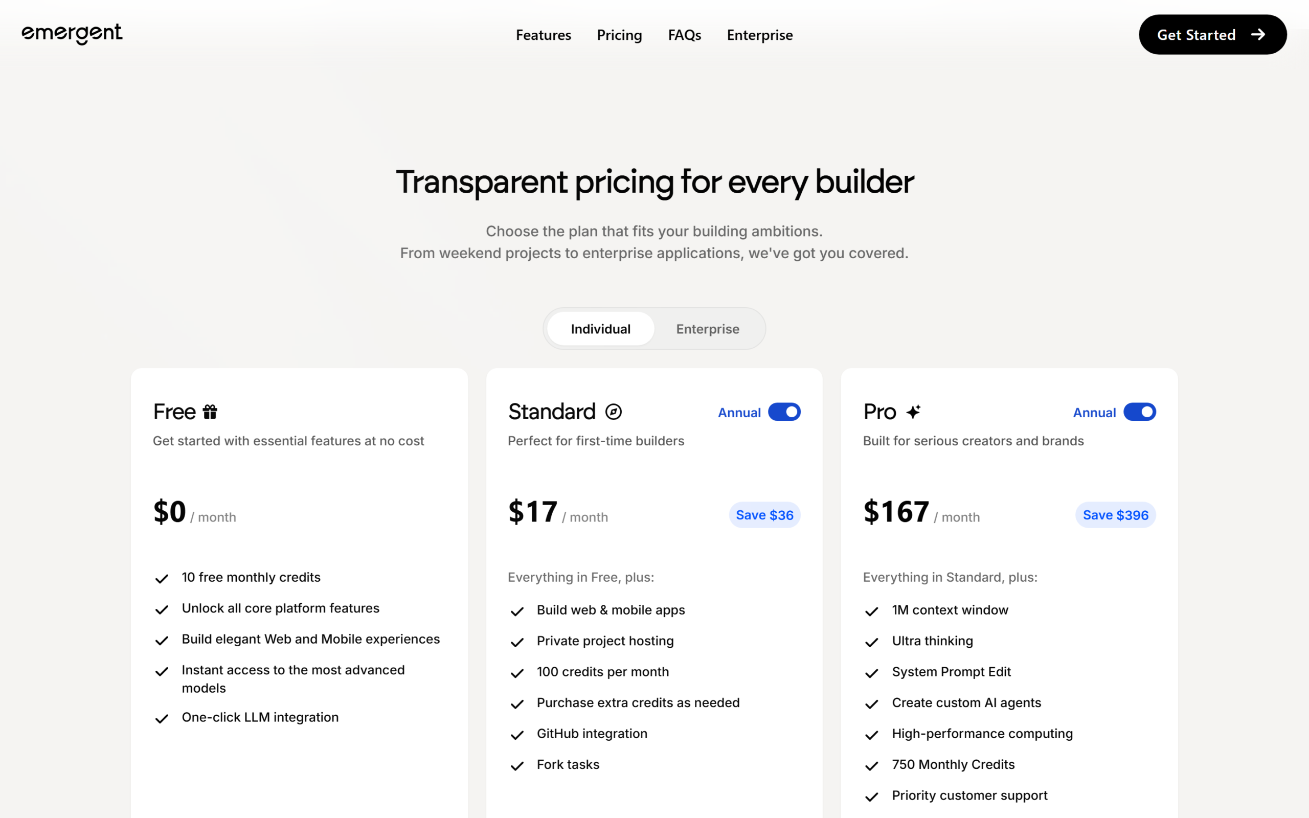 Emergent pricing page showing Free, Standard and Pro plans