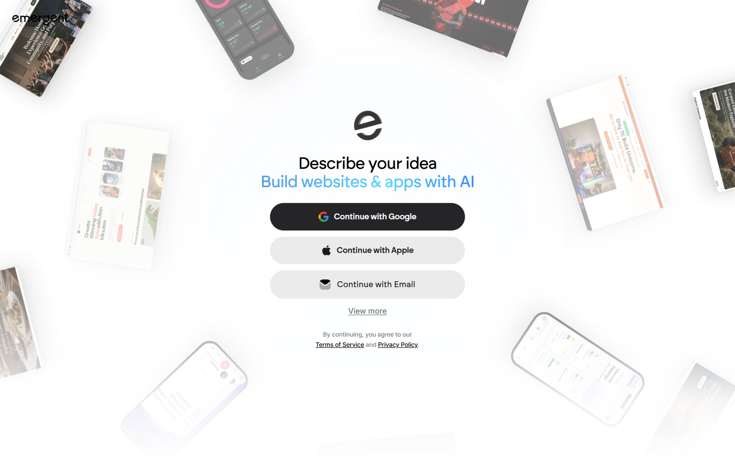 Emergent review of the homepage showing the AI app builder and Y Combinator S24 status