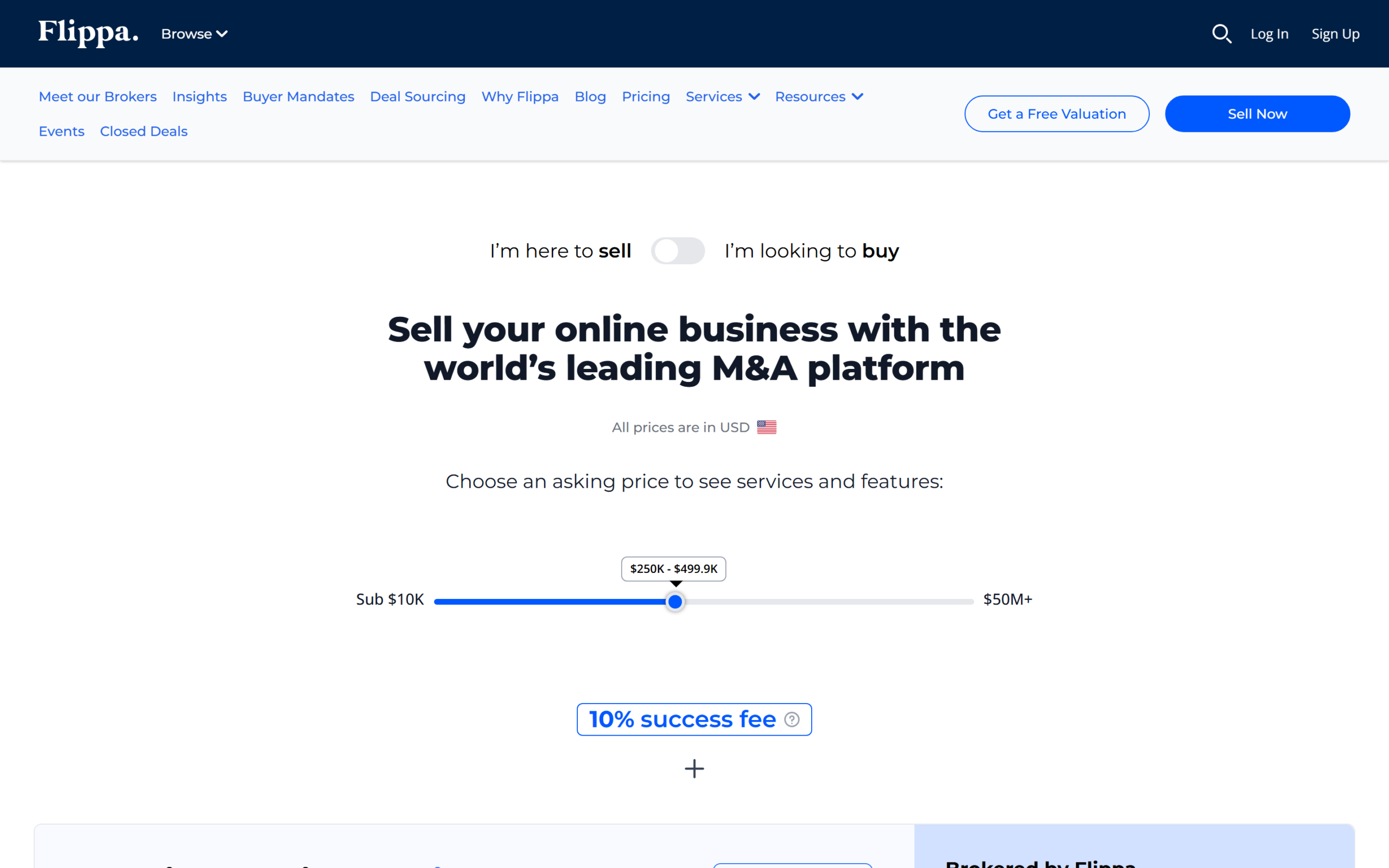 Flippa pricing page showing the asking price slider with success fee and broker package