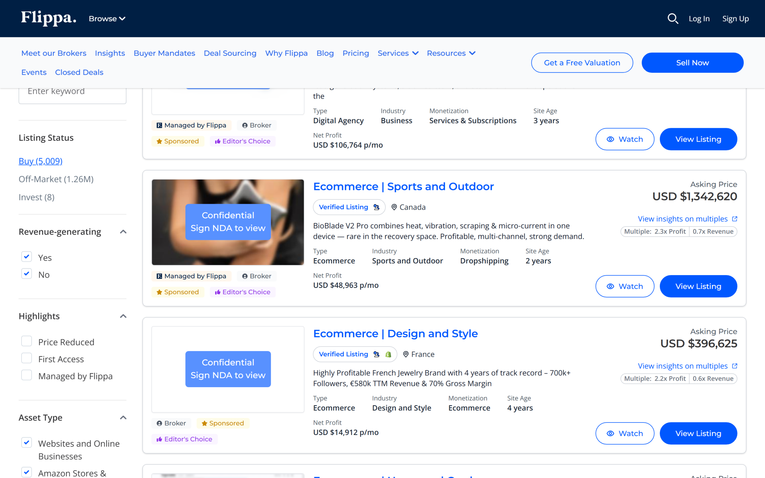 Flippa review of the marketplace search page showing verified listings with profit and revenue multiples