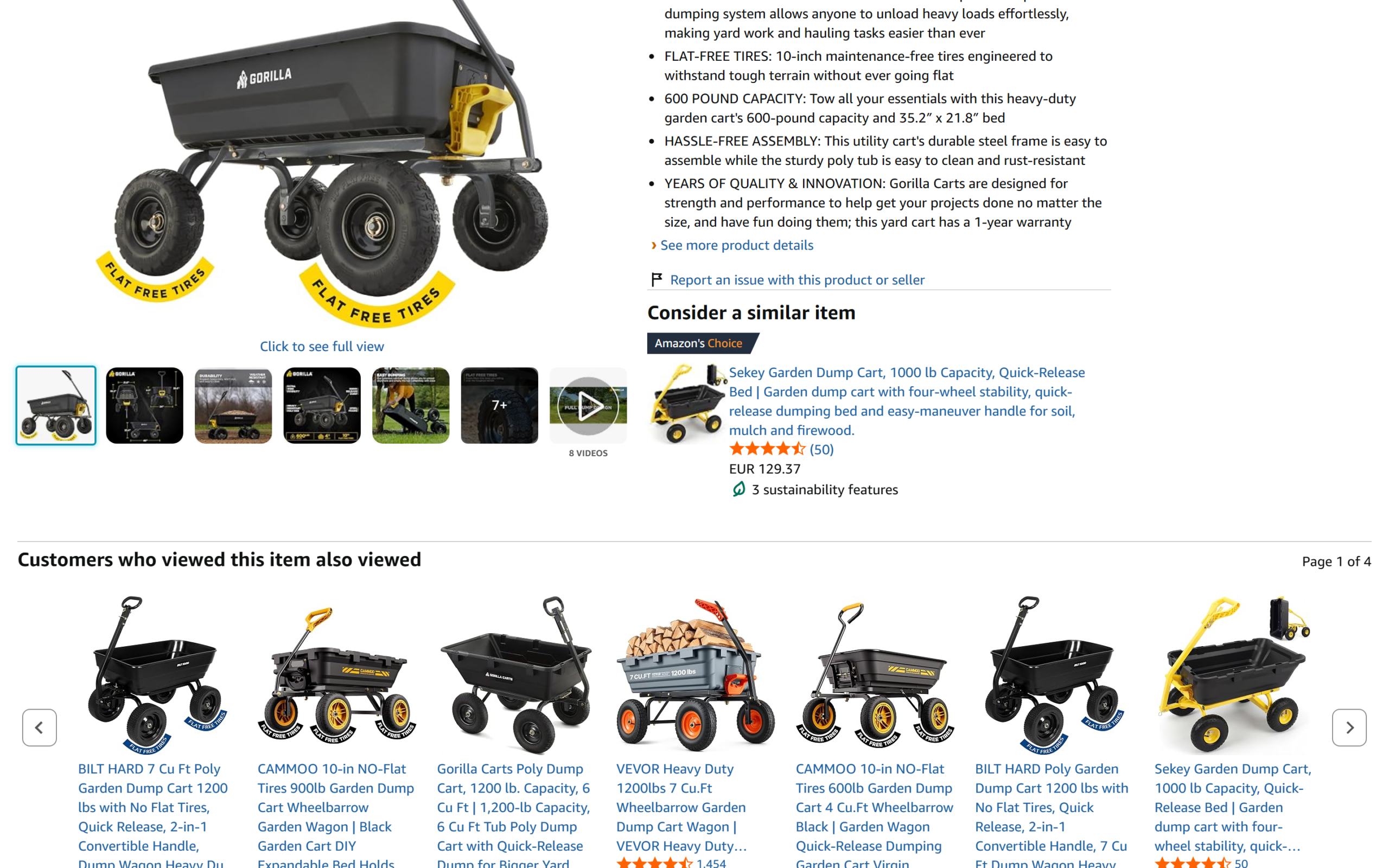Gorilla Carts no-flat-tires Amazon listing, the model that answers VEVOR's tire tube complaint