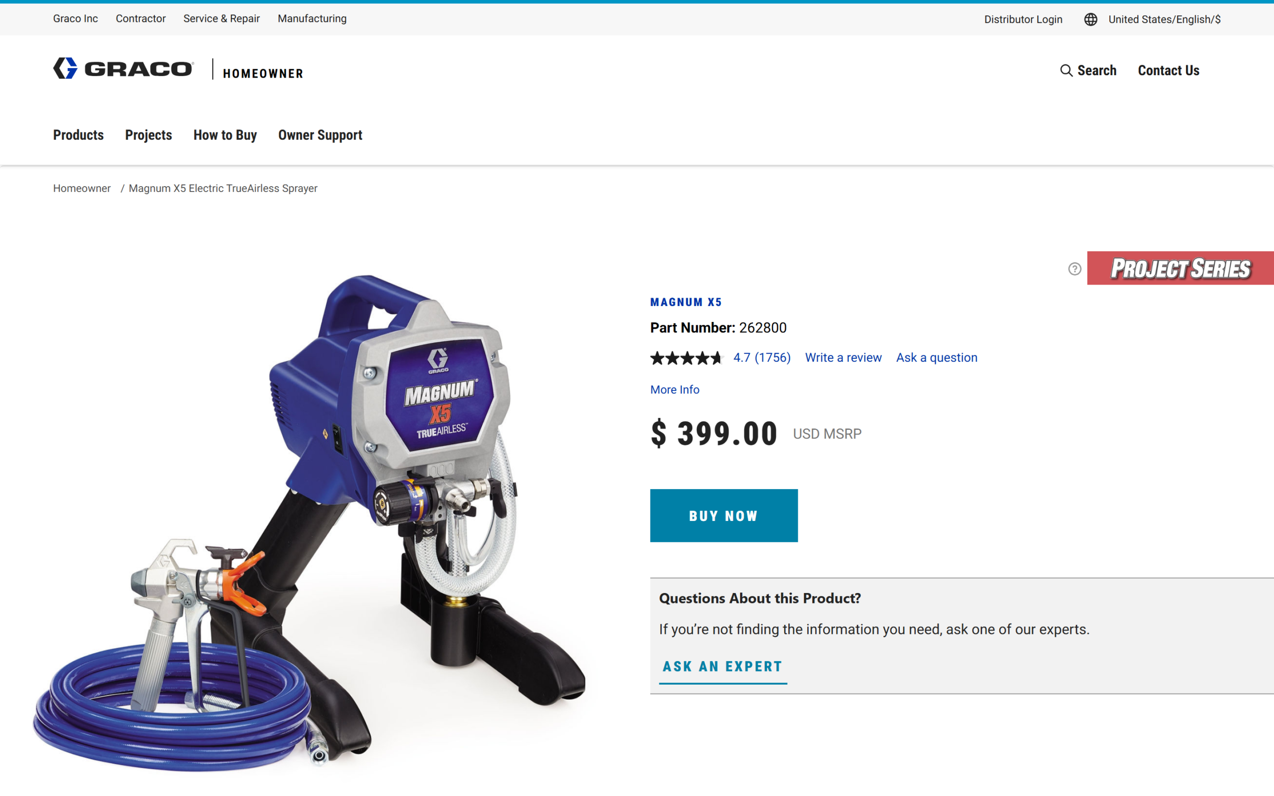 Graco Magnum X5 airless paint sprayer product page on graco.com, the main rival comparison
