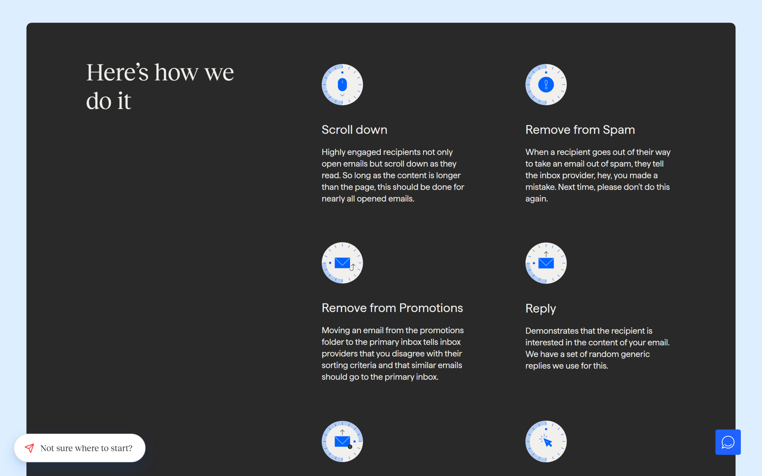 InboxAlly features page listing the engagement actions its seed emails perform