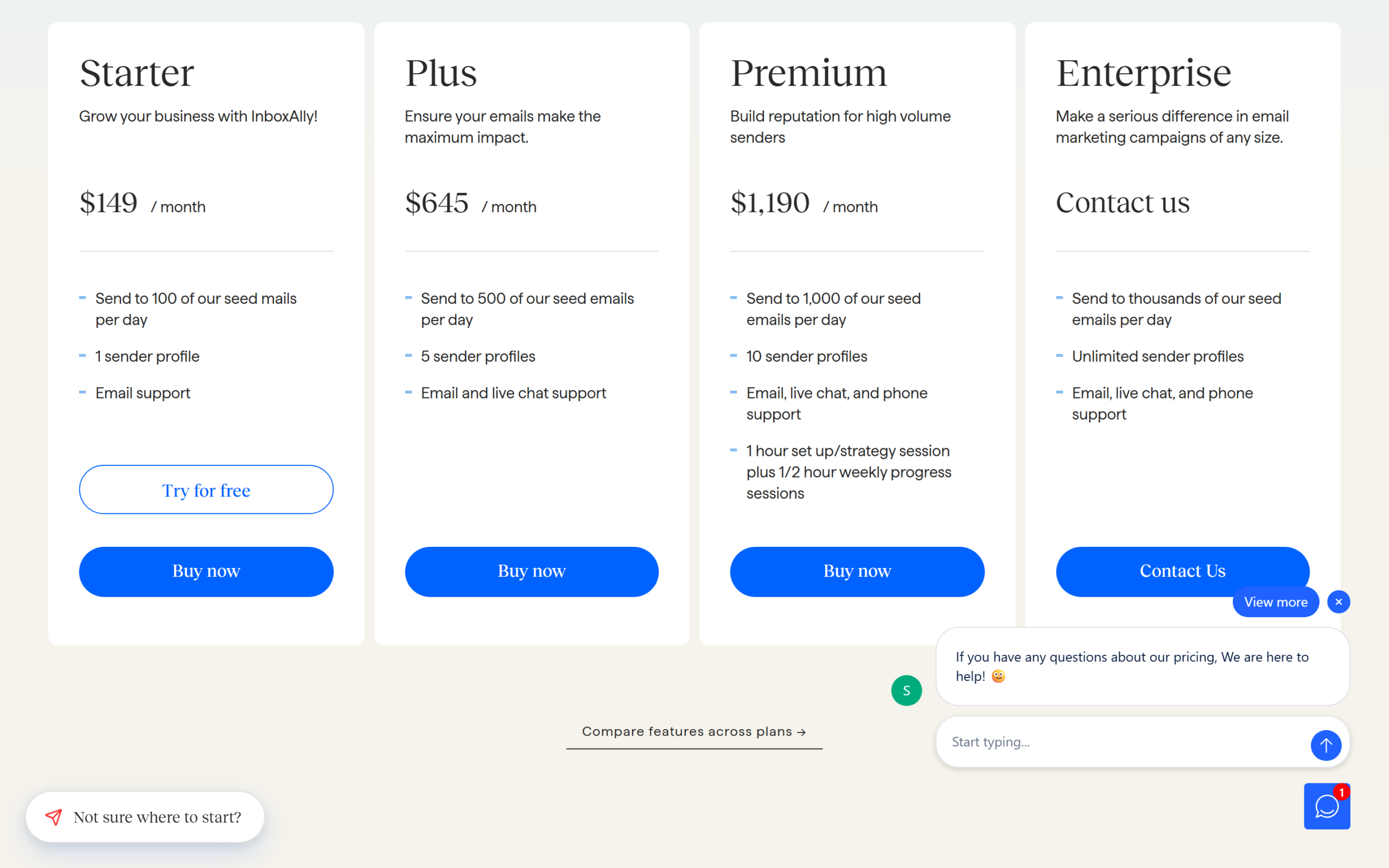 InboxAlly review of the pricing page showing the Starter, Plus, Premium and Enterprise plans