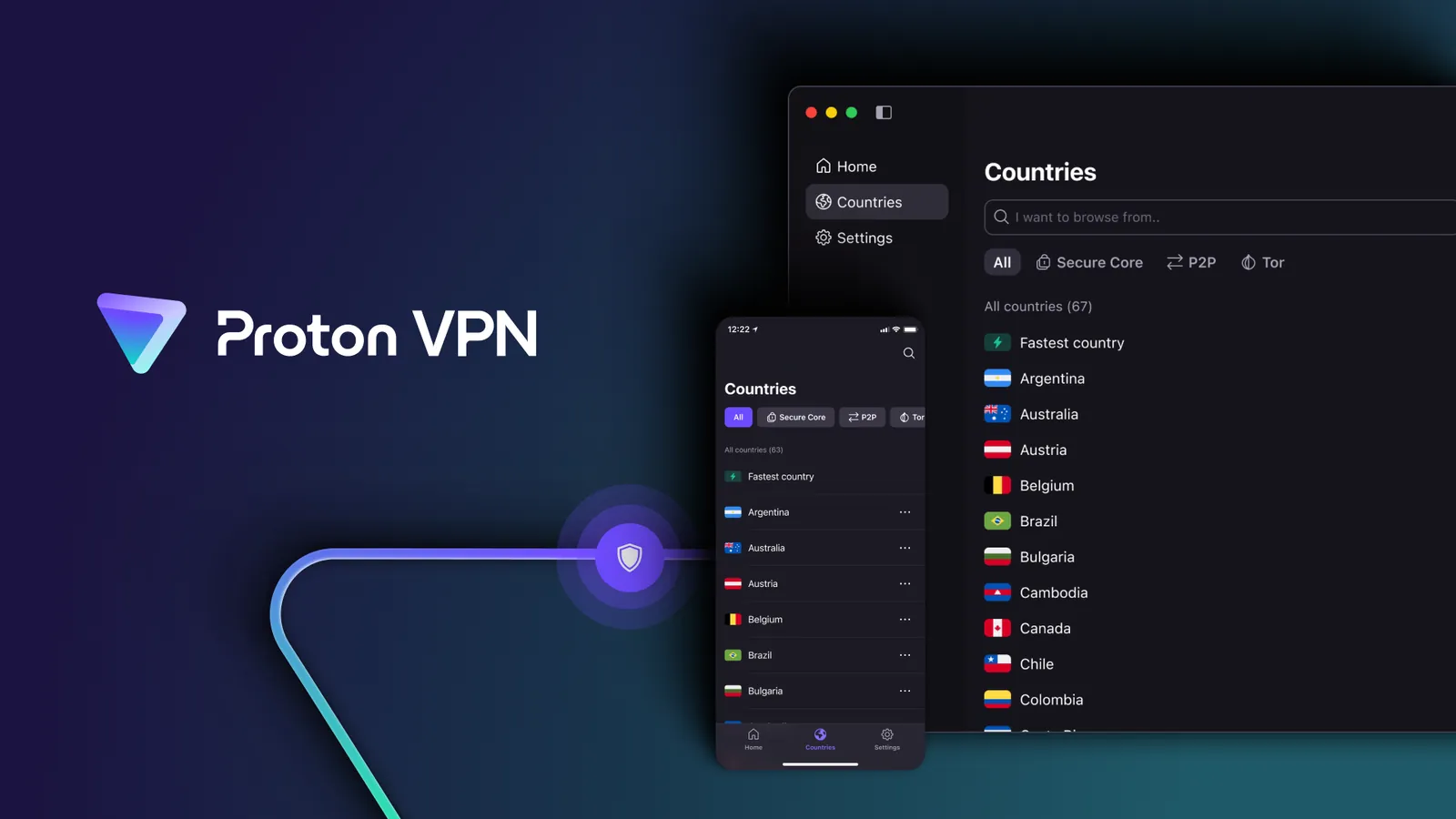 Proton VPN country lists on the macOS and iPhone apps, where paid users choose a country