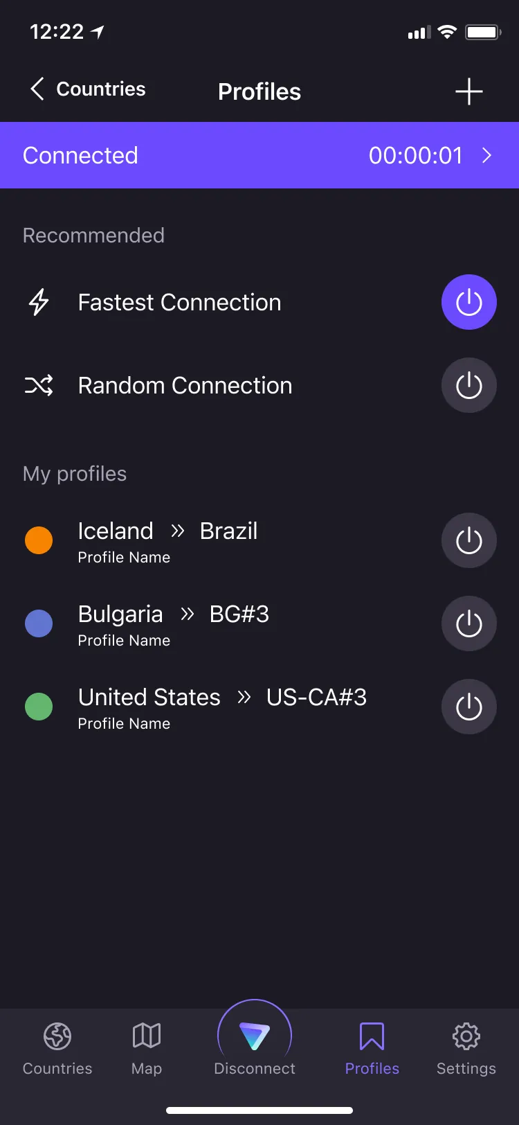 Proton VPN iOS Profiles screen with fastest, random and saved connection profiles