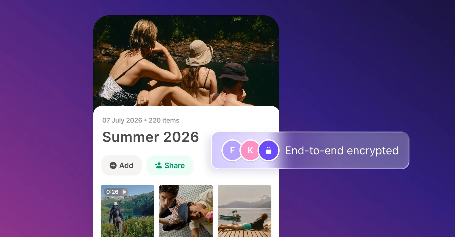 A shared Proton Drive photo album card with an end to end encrypted sharing badge