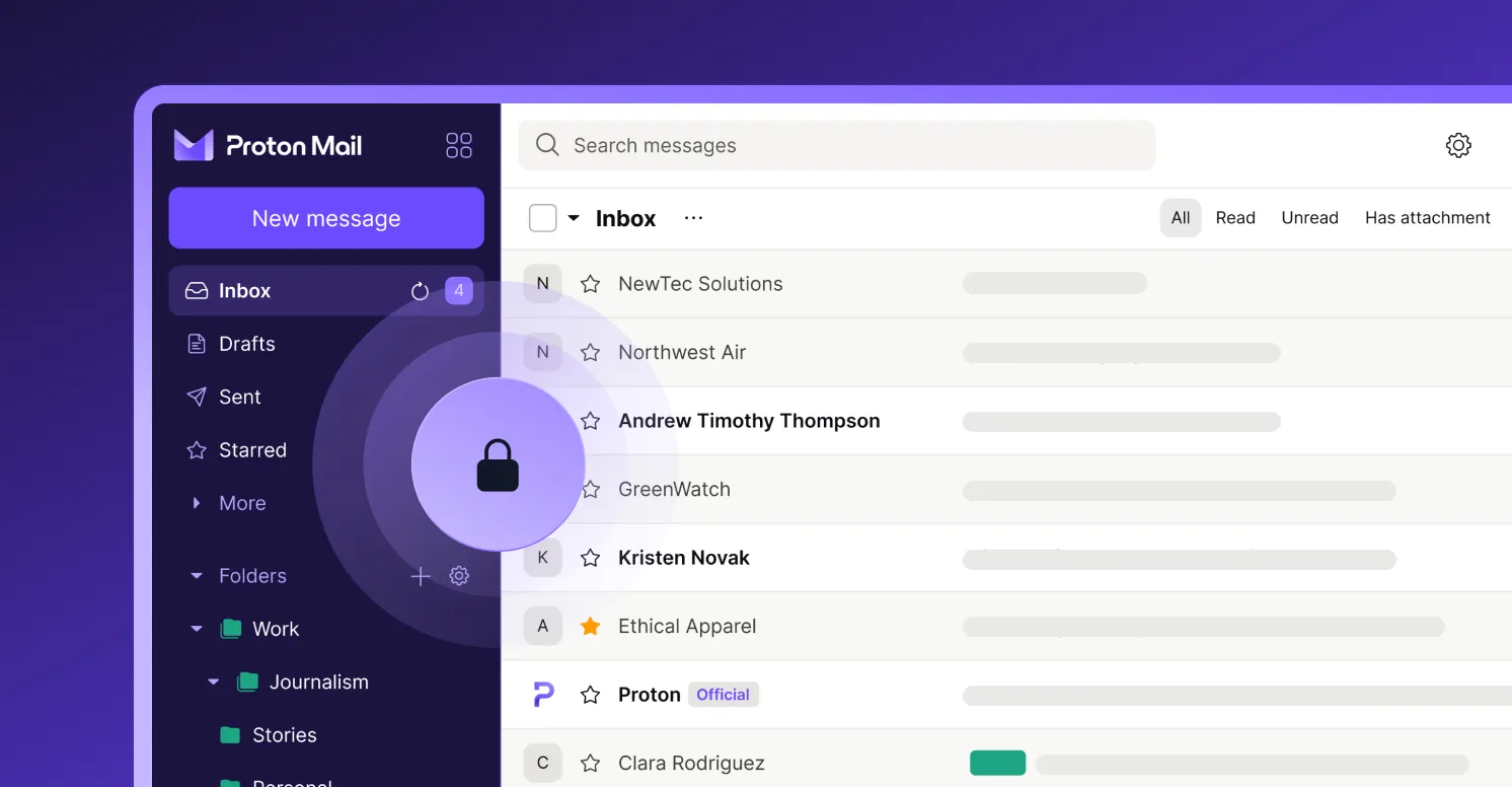 Proton Mail web inbox with its folder list beside a lock icon