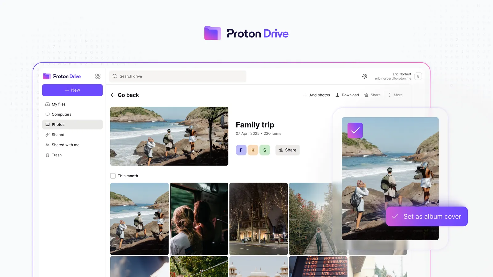 Proton Drive web Photos view showing a Family trip album and the option to set an album cover