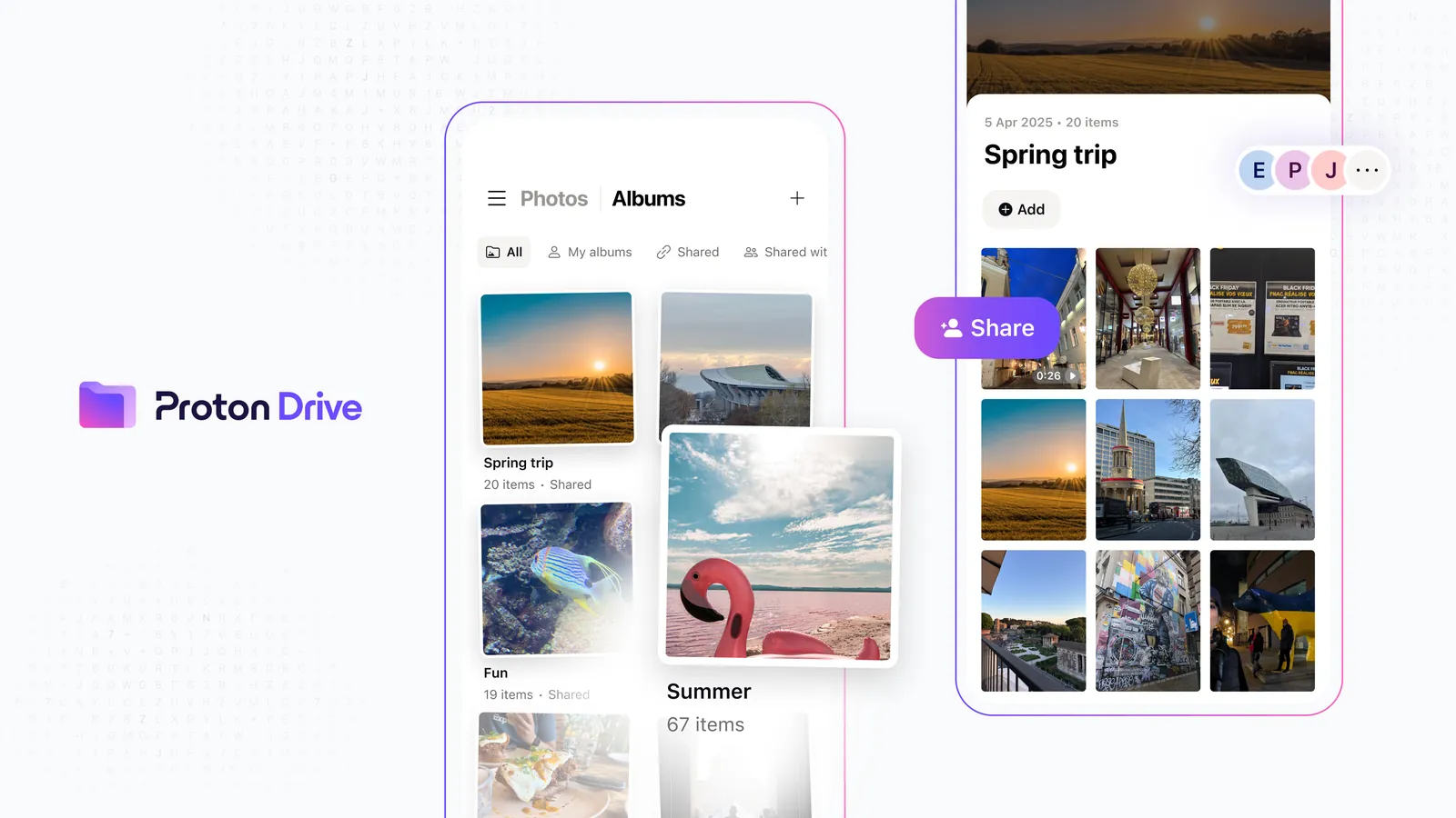 Proton Drive mobile albums screen with a shared trip album and member avatars