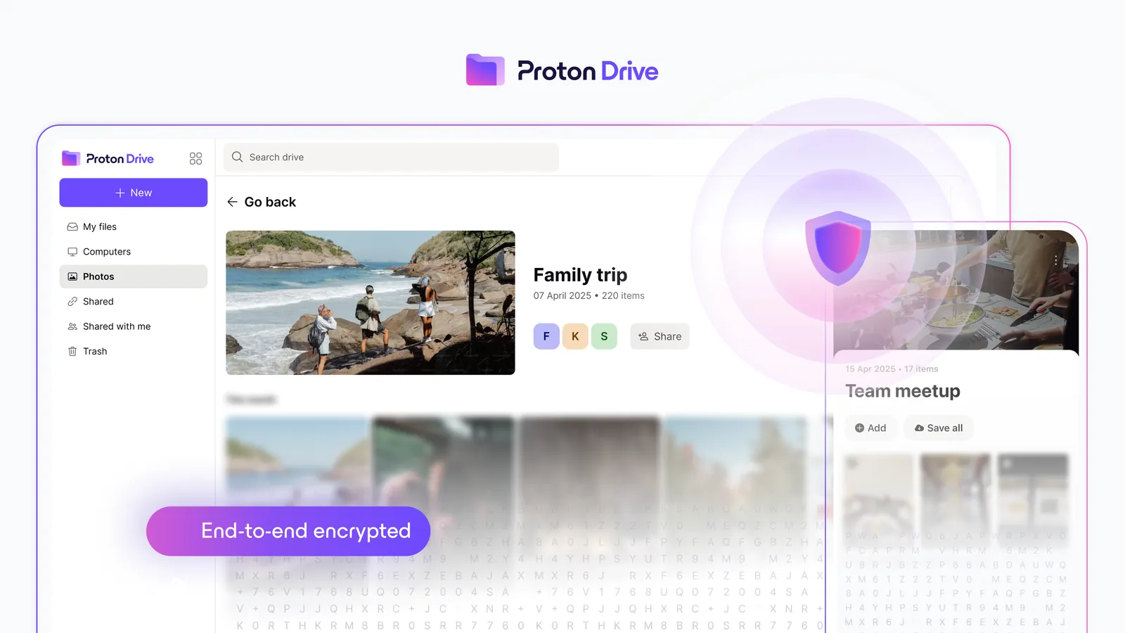 Google photos alternatives: a Proton Drive web album marked end to end encrypted beside a second album
