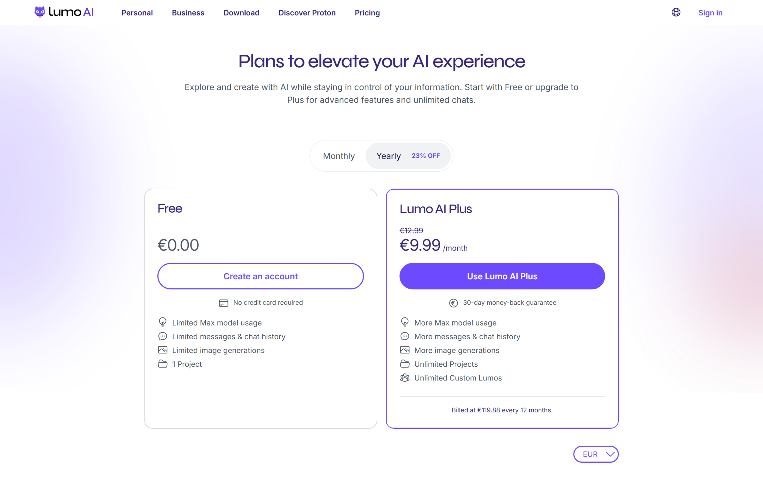 Lumo pricing page showing the Free plan and Lumo AI Plus