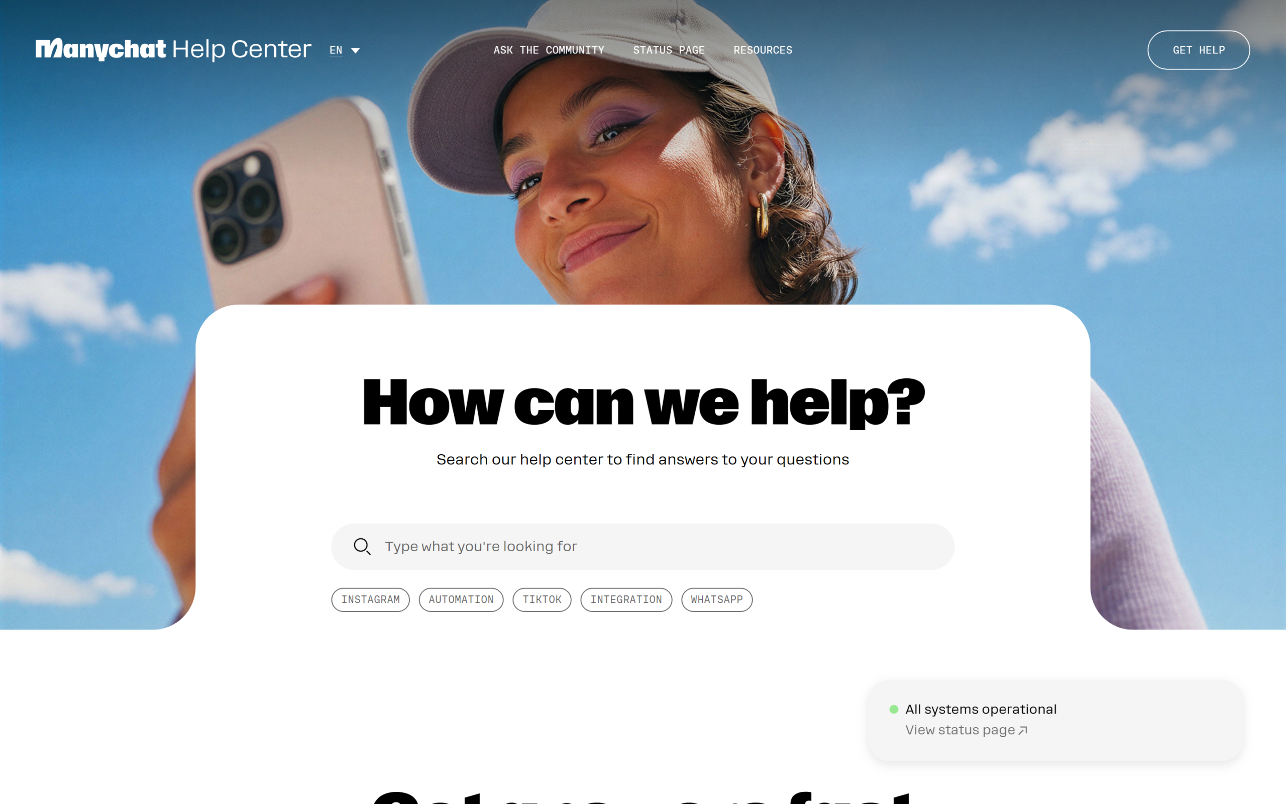 Manychat help center showing support documentation categories