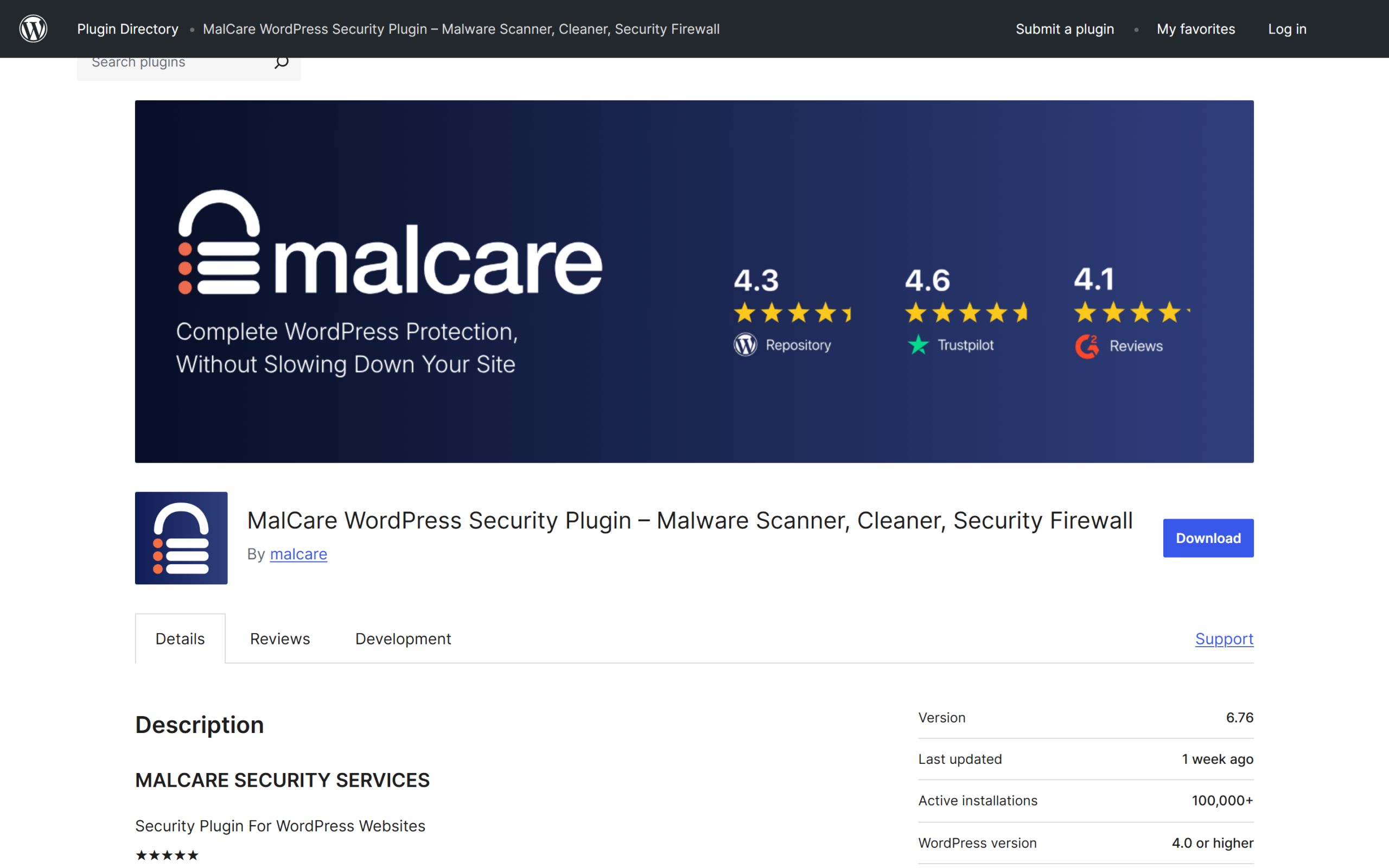 MalCare plugin listing on WordPress.org showing active installations, ratings and last update