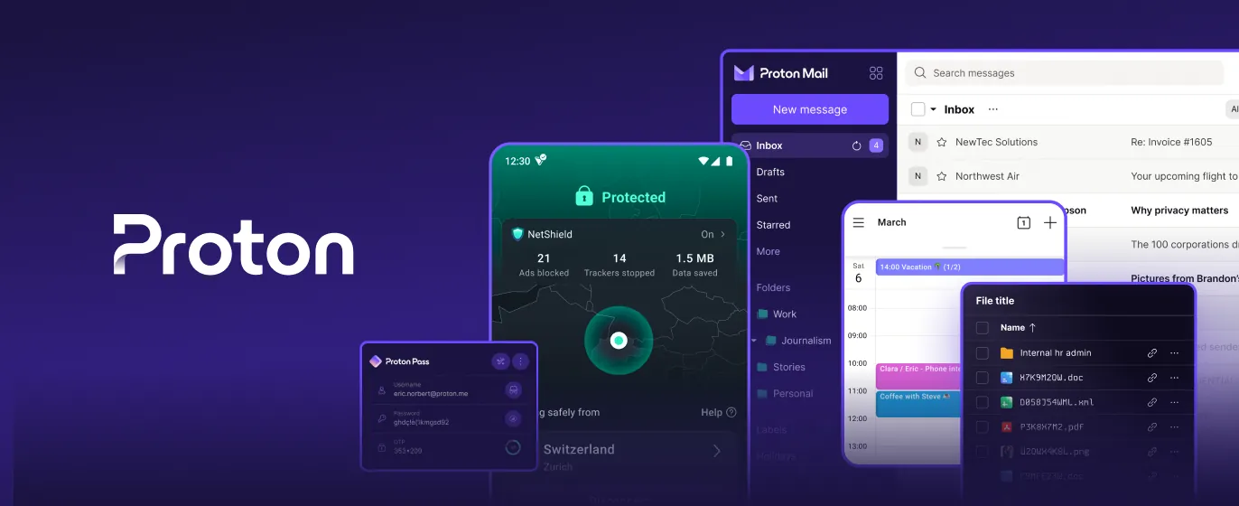Proton Black Friday plans: the Proton wordmark beside screens of Proton Mail, VPN, Calendar and Drive