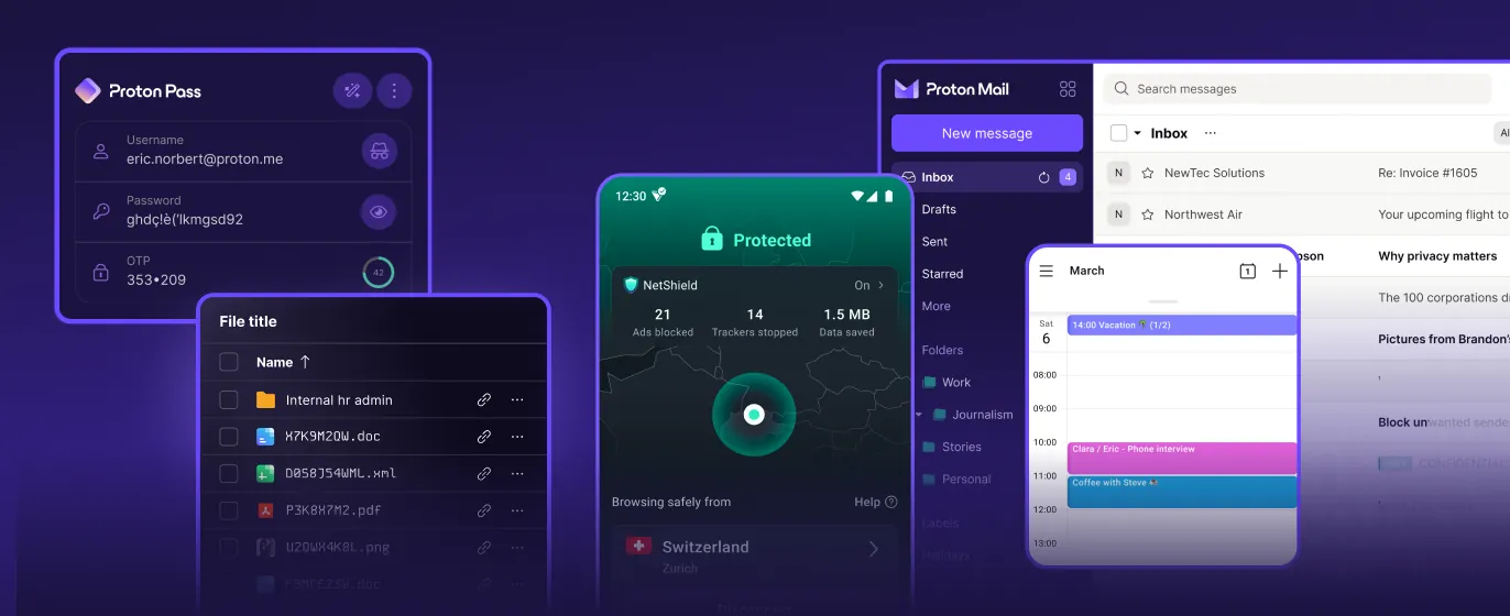 De-Google your life with Proton: Pass, Drive, VPN, Mail and Calendar screens side by side