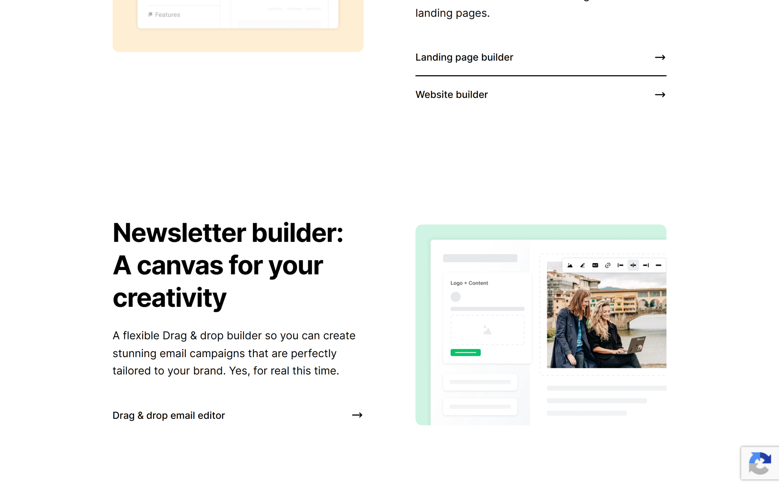 MailerLite review of the email features page showing the newsletter builder and drag and drop editor