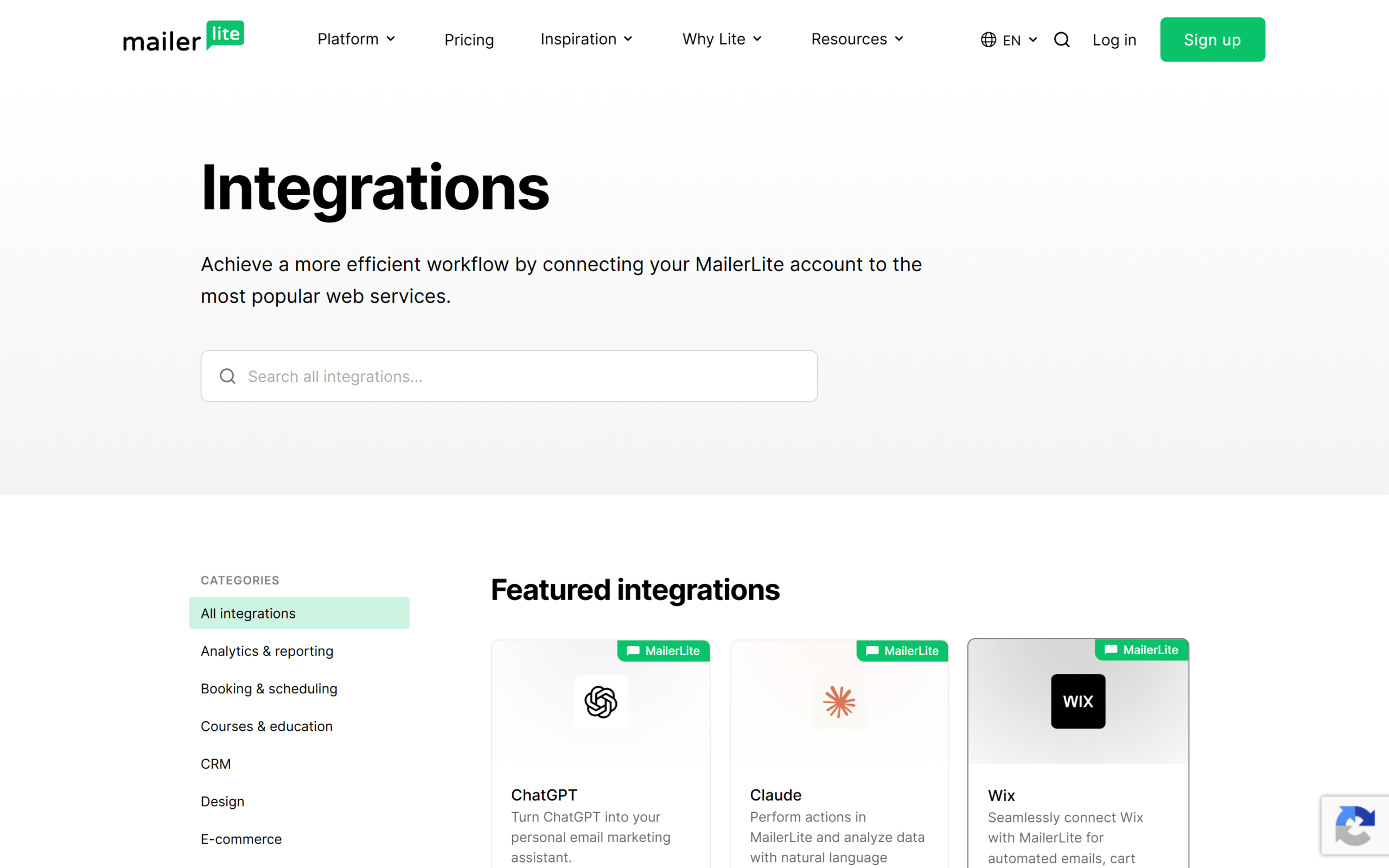 MailerLite integrations directory showing featured connections such as Shopify, WordPress, Stripe and Zapier