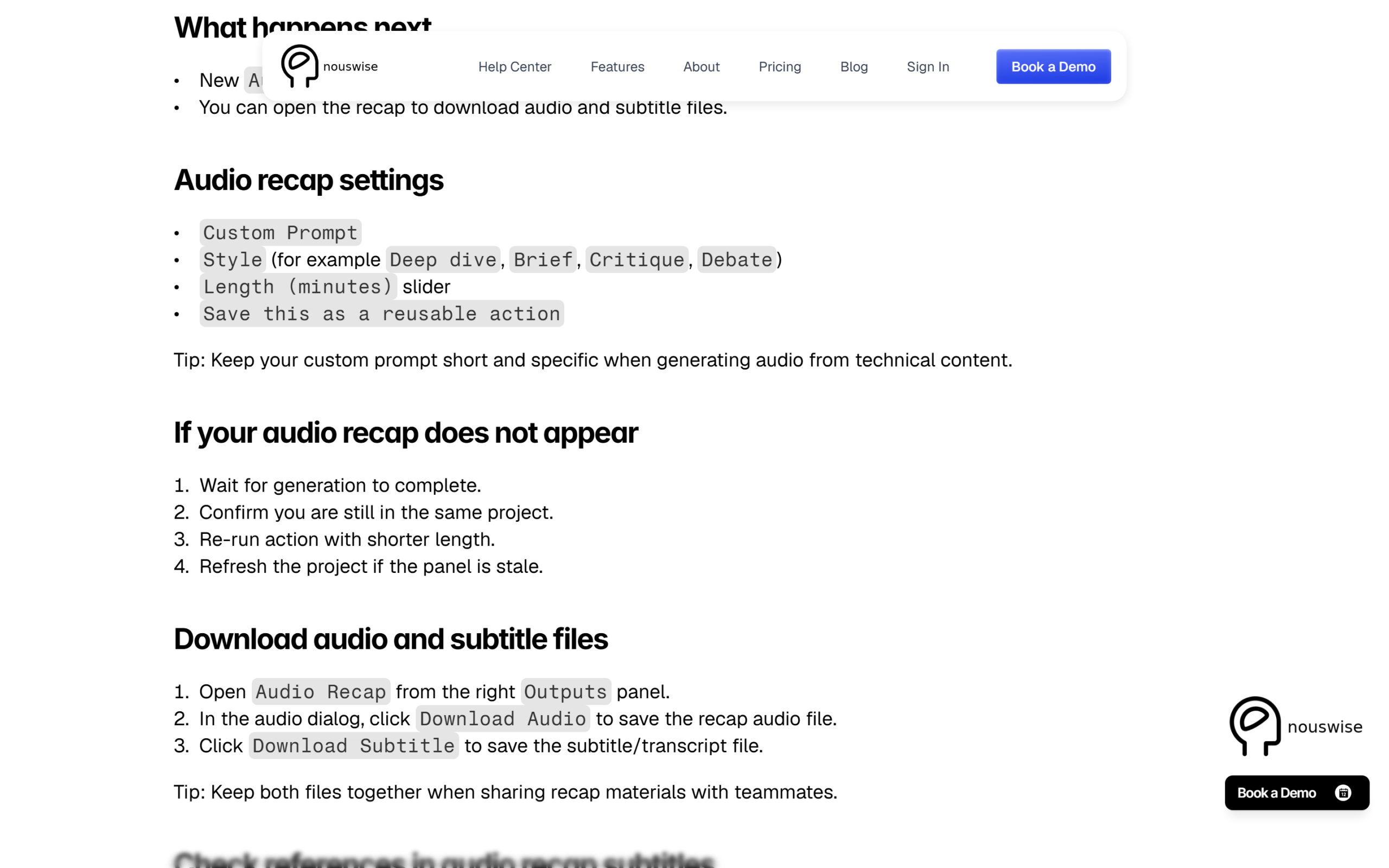Nouswise help article explaining Audio Recap settings and downloadable subtitles with source references