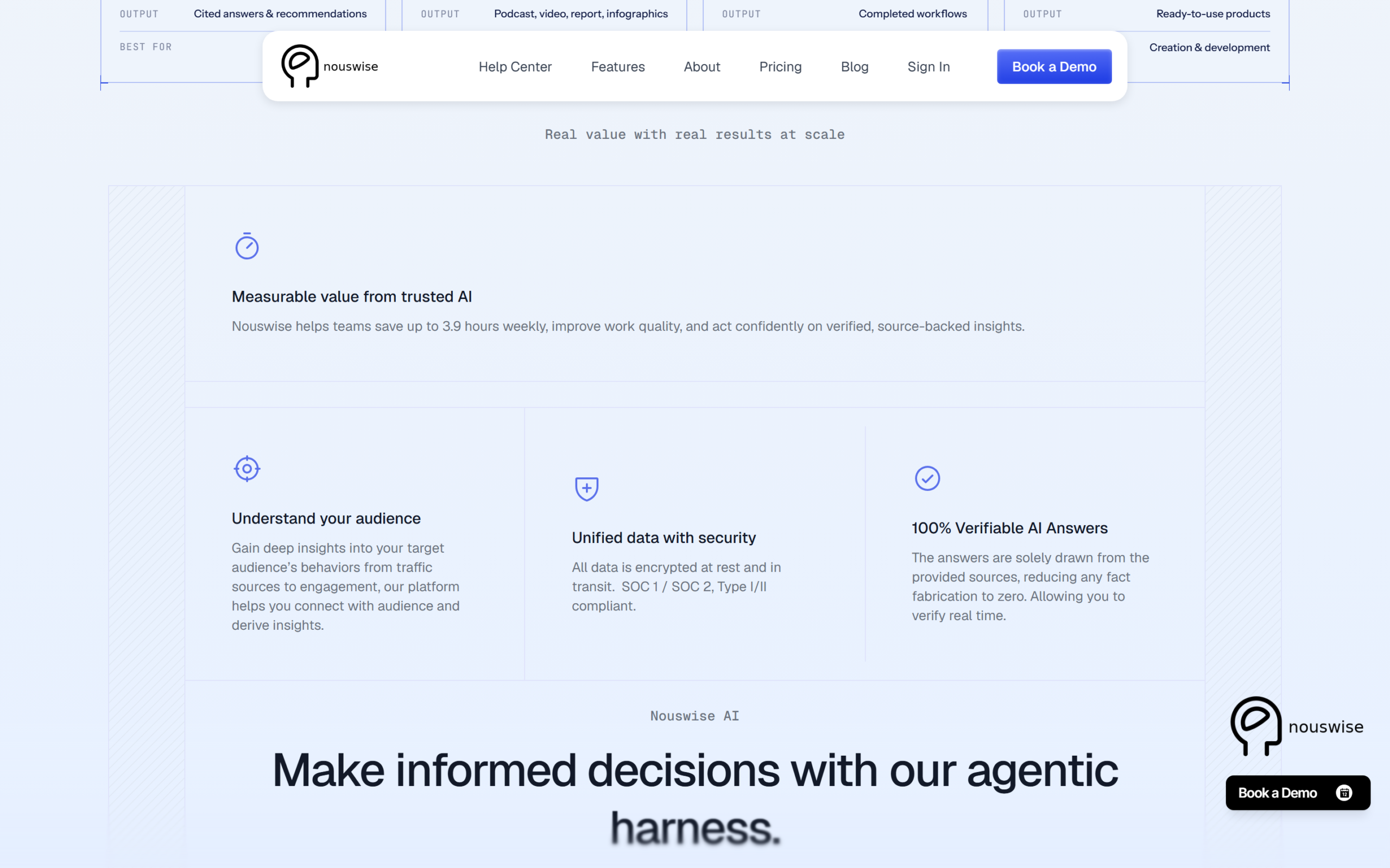 Nouswise homepage showing its time saving, SOC 2 and 100% verifiable answer claims