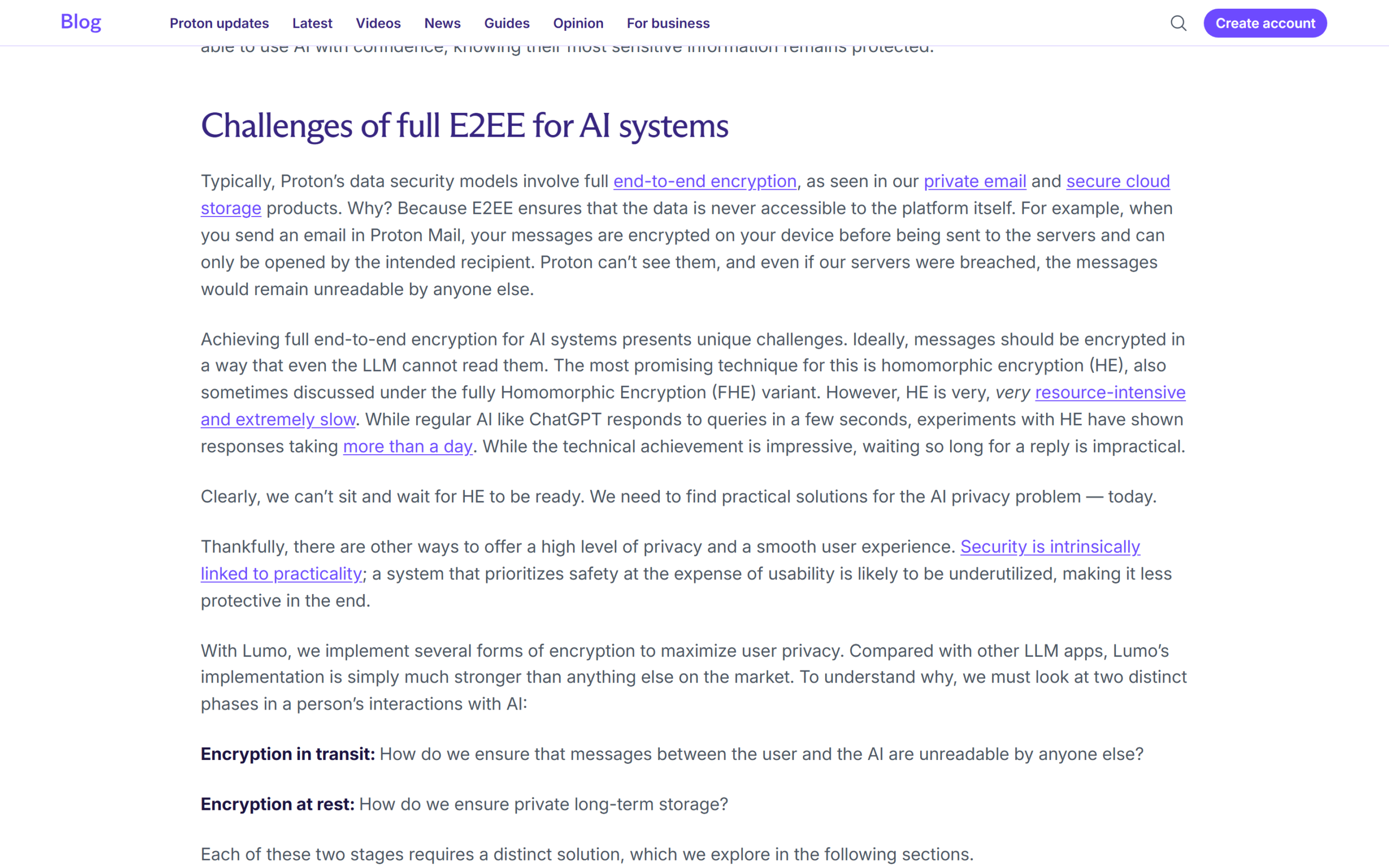 Proton blog post explaining Lumo's user-to-Lumo encryption and why full end-to-end encryption is not possible