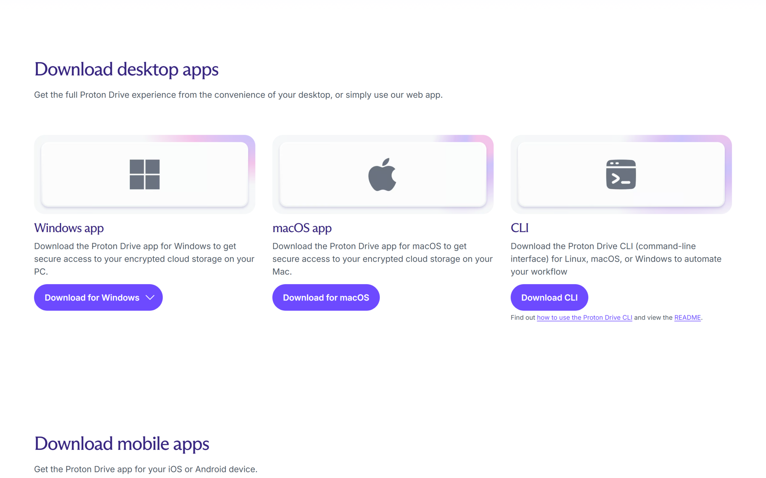 Proton Drive download page listing Windows and macOS apps, a command line tool and mobile apps