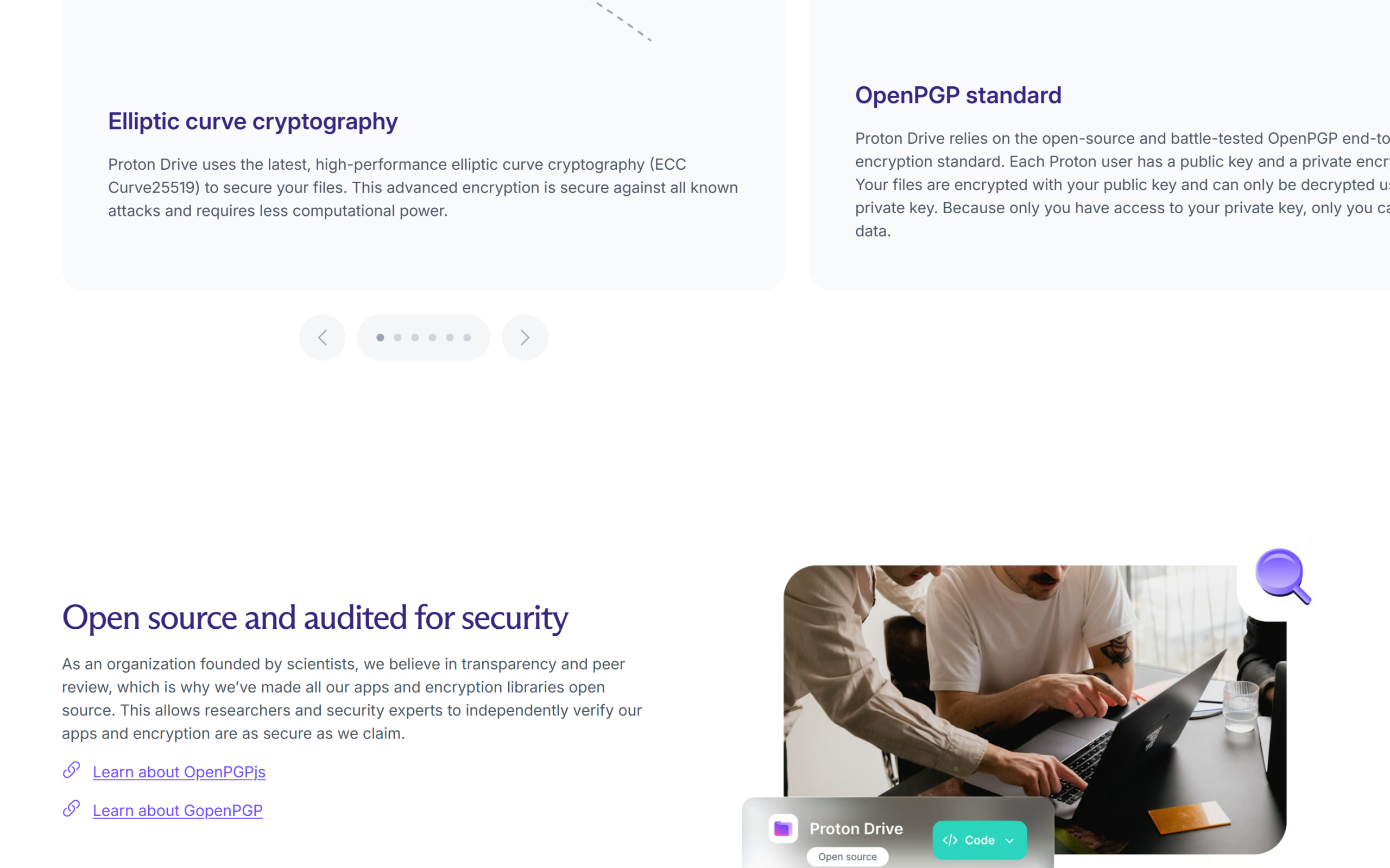 Proton Drive security page explaining OpenPGP, elliptic curve cryptography and 4 MB file chunks