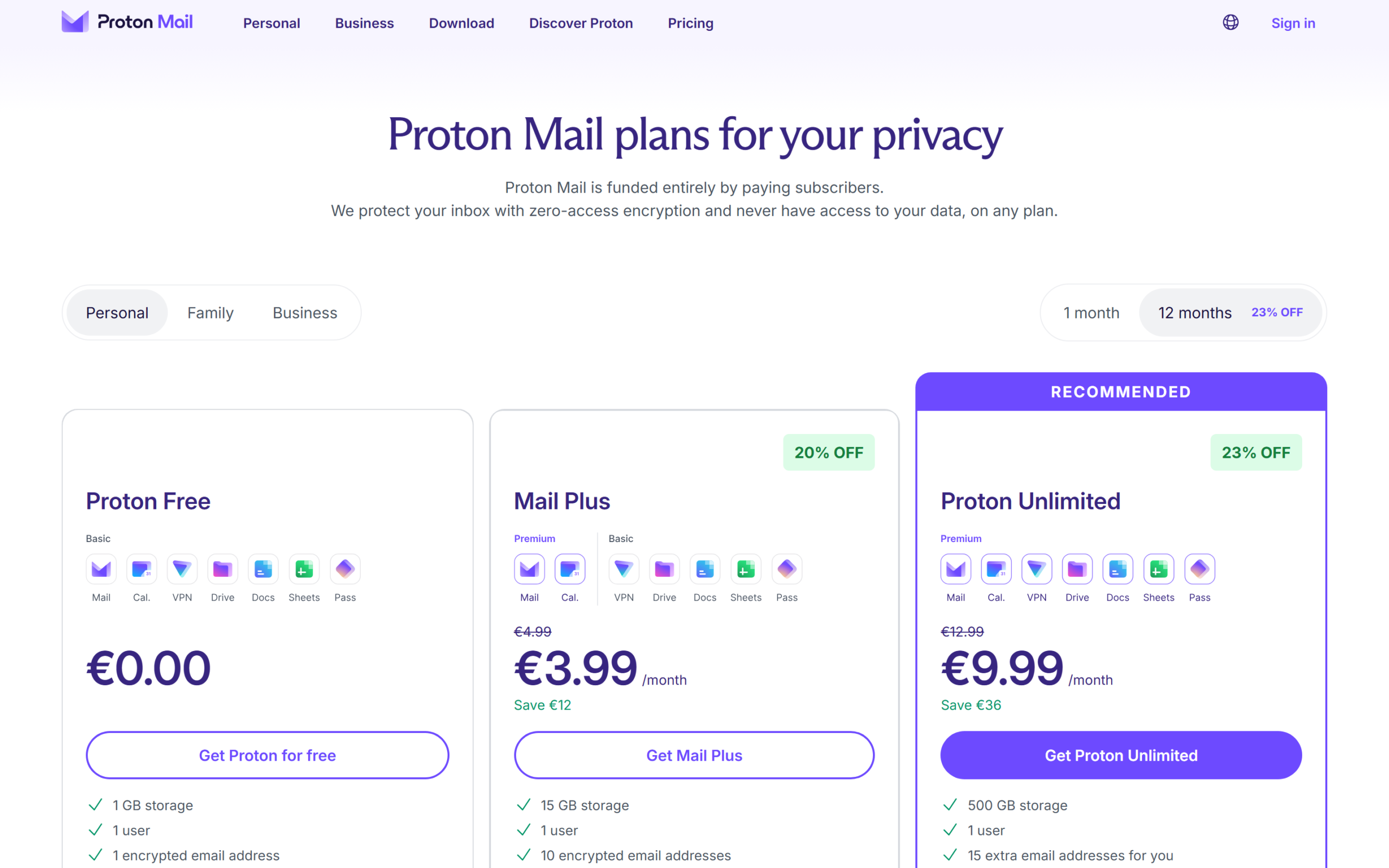 Proton Mail review of the pricing page showing Proton Free, Mail Plus and Proton Unlimited plans