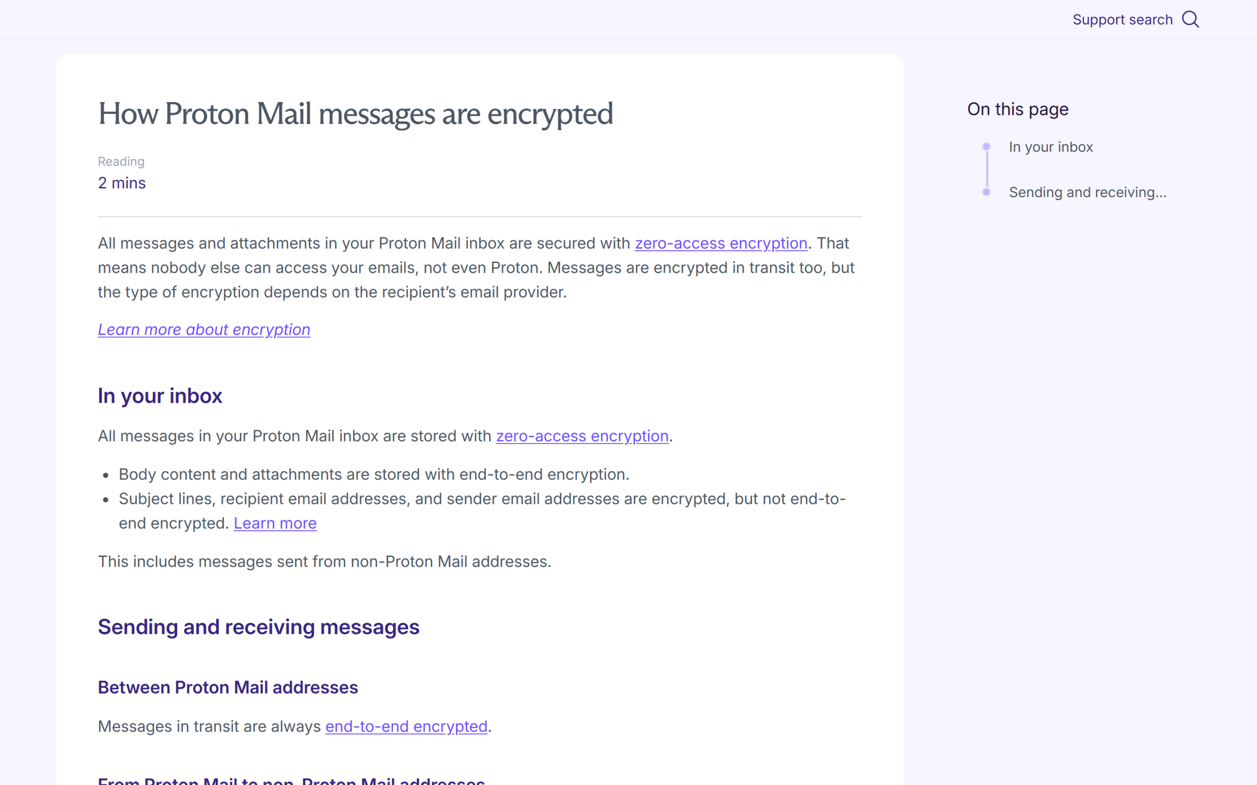 Proton Mail support article explaining which parts of a message are end-to-end encrypted